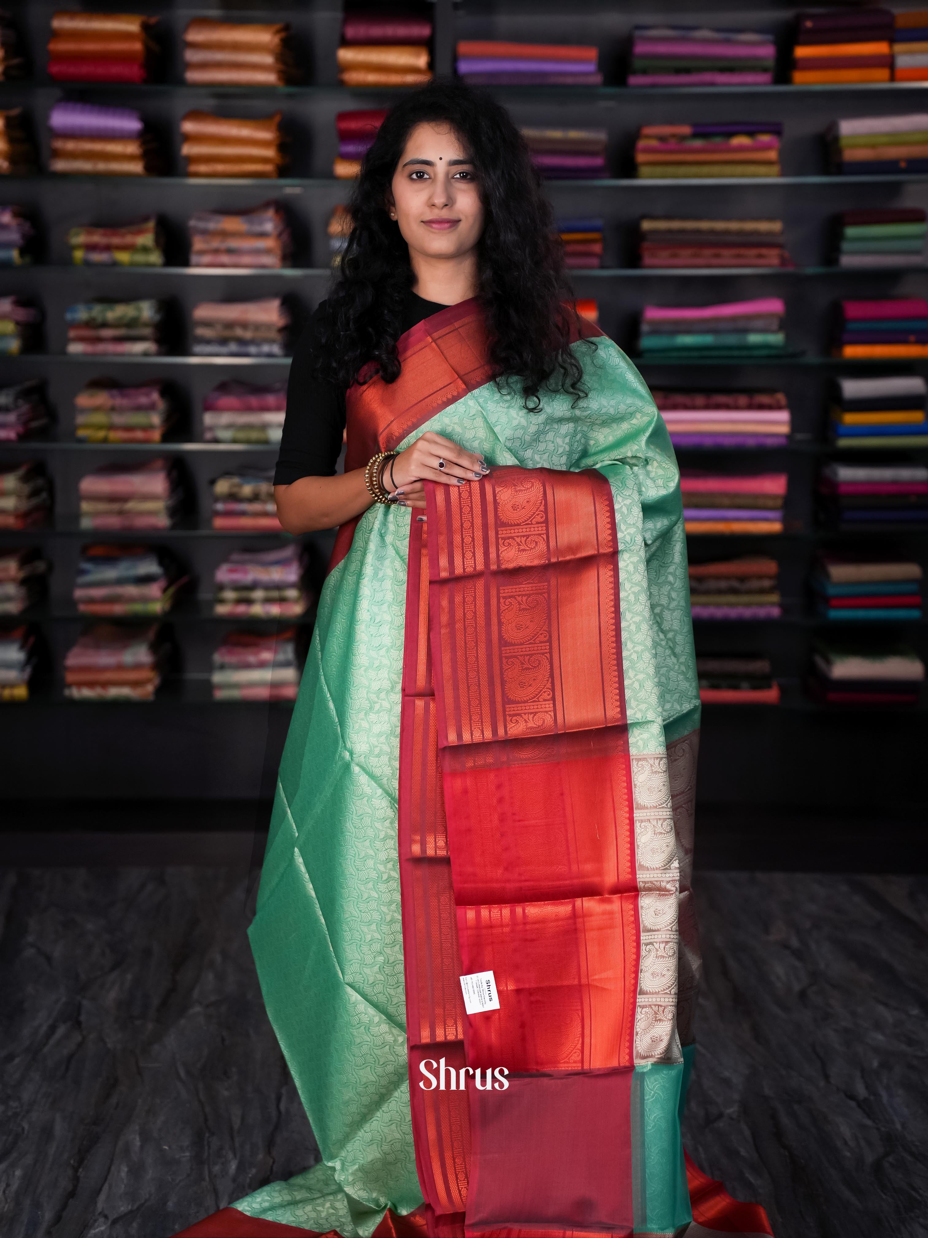 Pastel Green & Red - Tanchoi Saree - Shop on Shrus.com