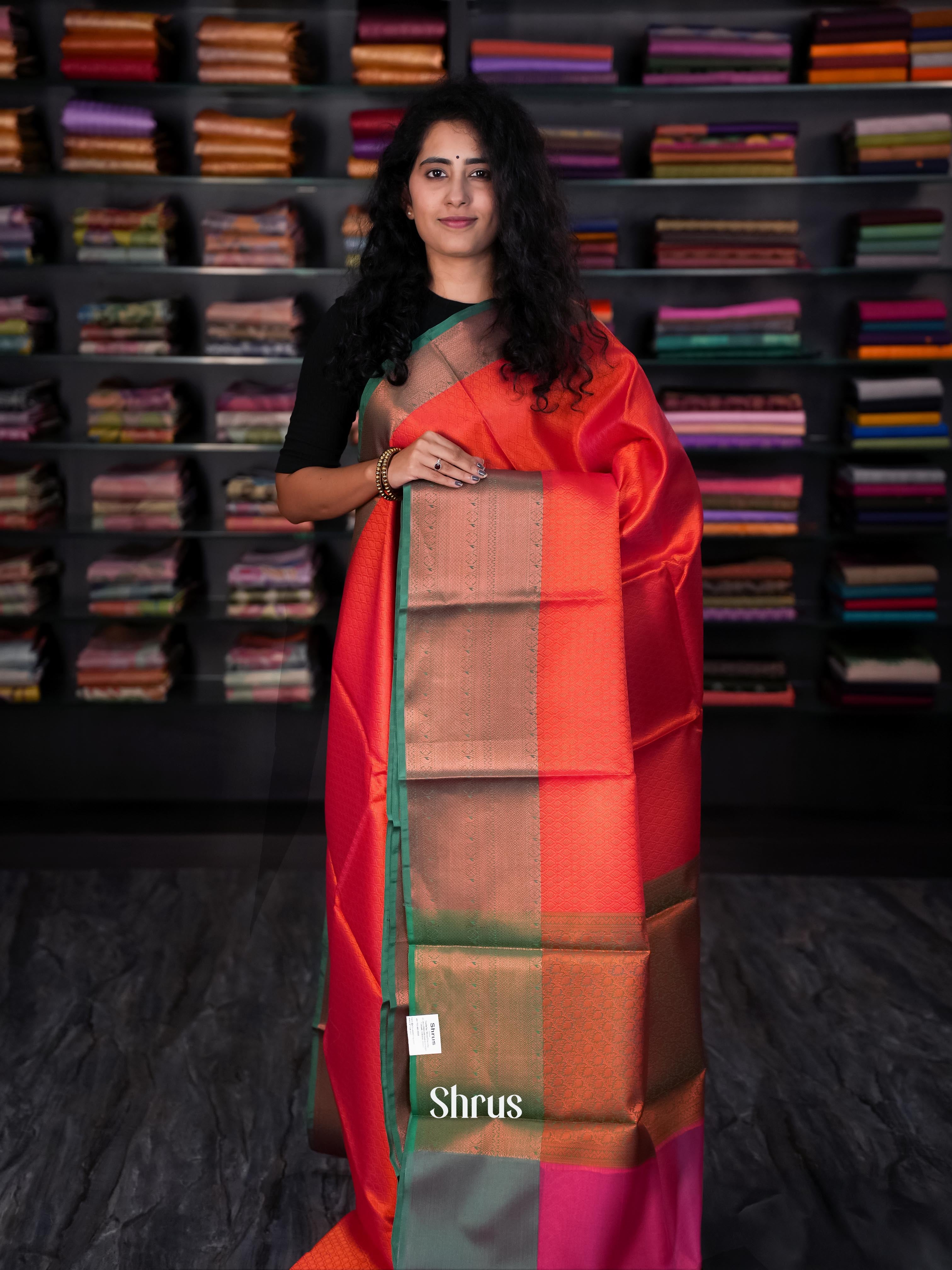 Brick Red & Green- Tanchoi Saree - Shop on Shrus.com