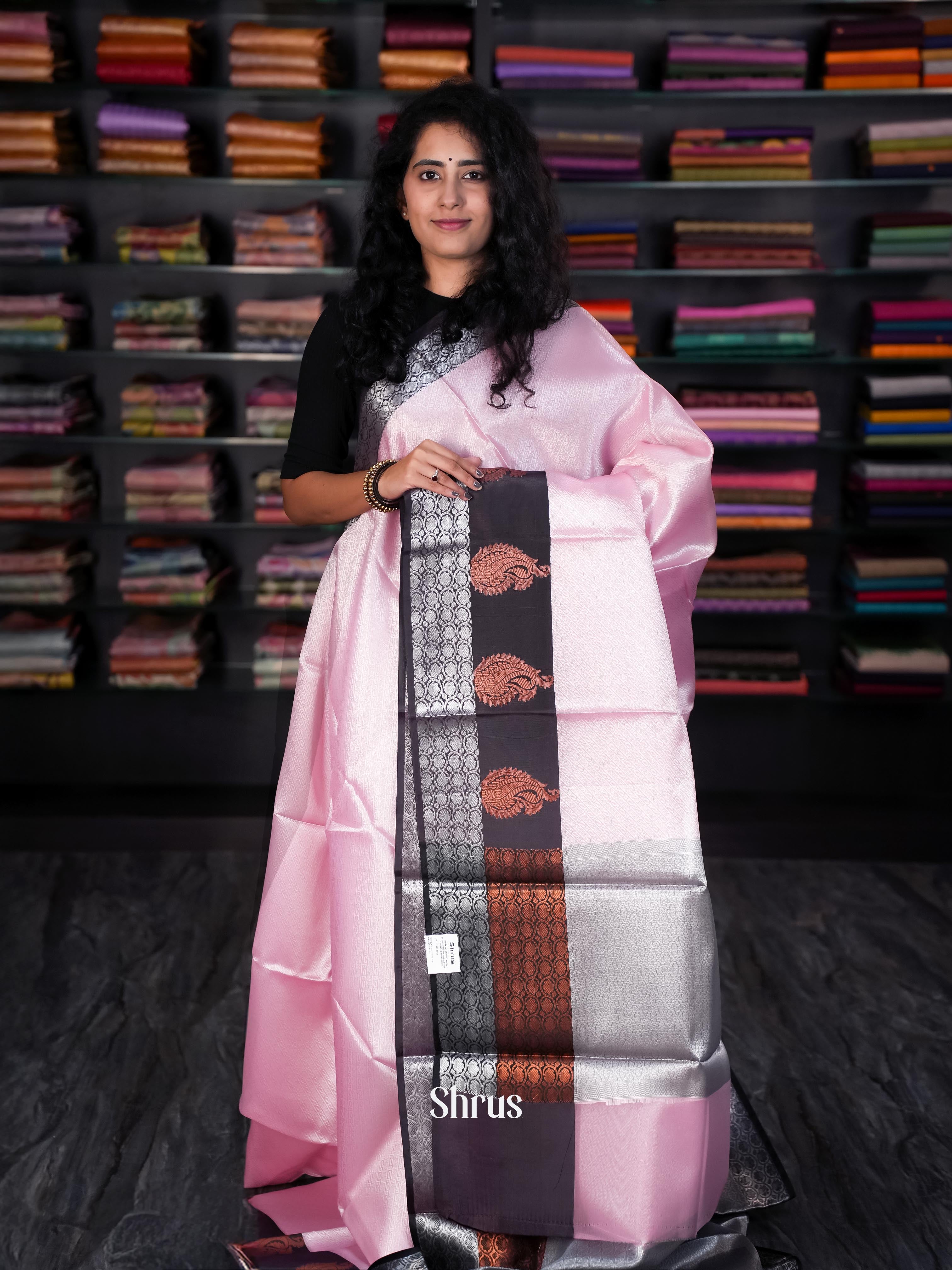 Baby Pink & Brown - Tanchoi Saree - Shop on Shrus.com