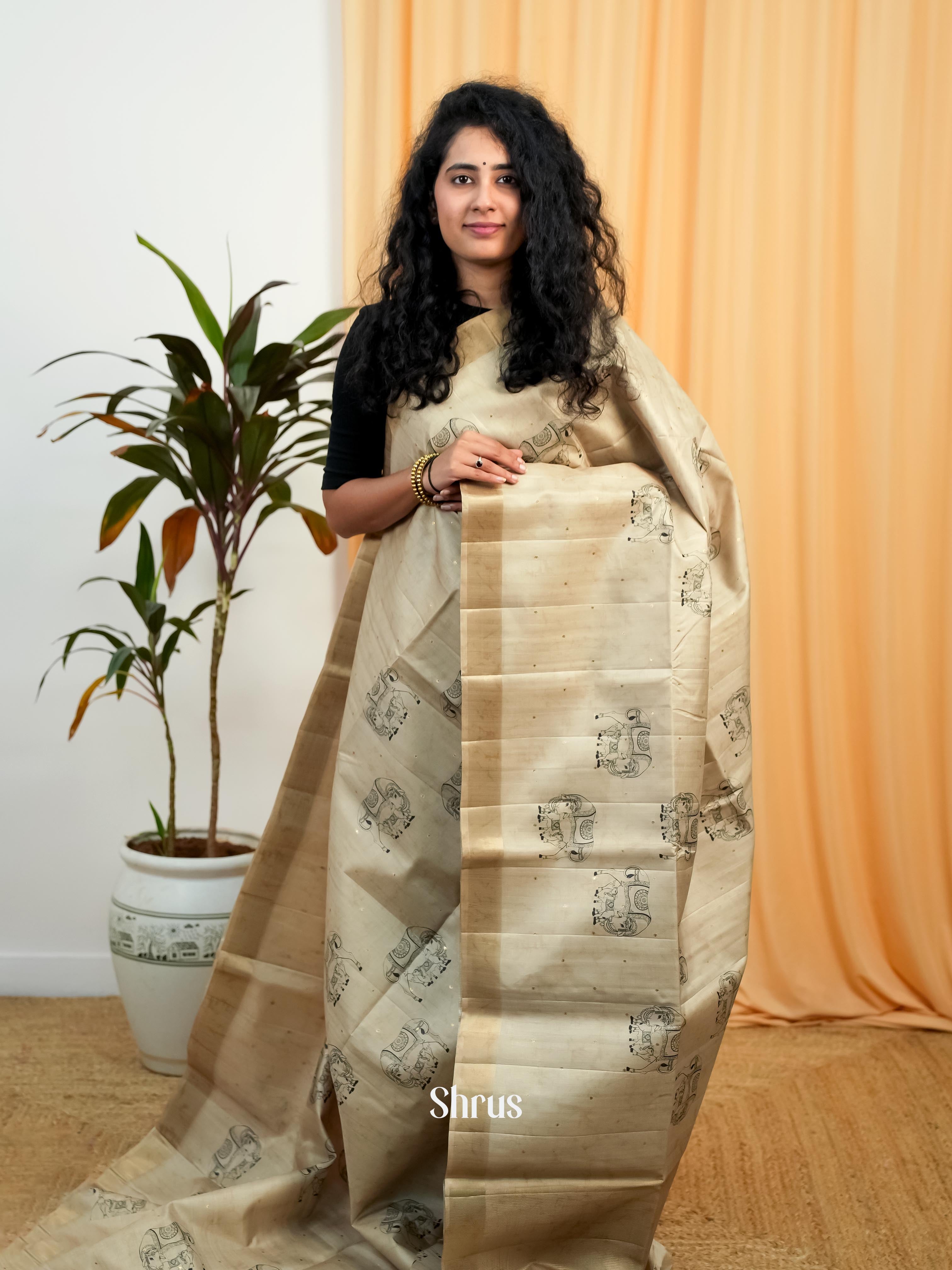 Pastel Lite Brown- Moonga Saree - Shop on Shrus.com