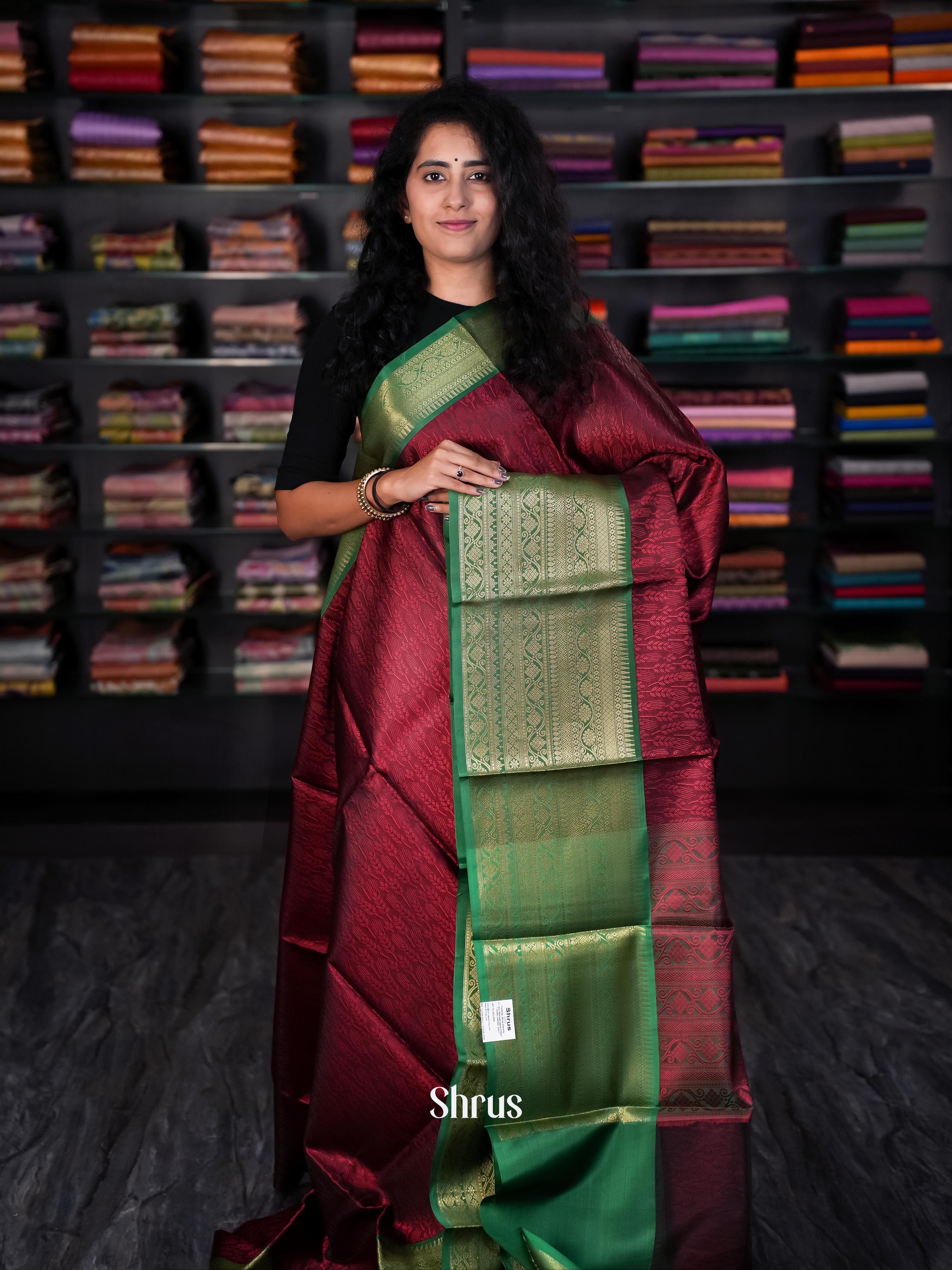 Maroon & Green - Tanchoi Saree - Shop on Shrus.com