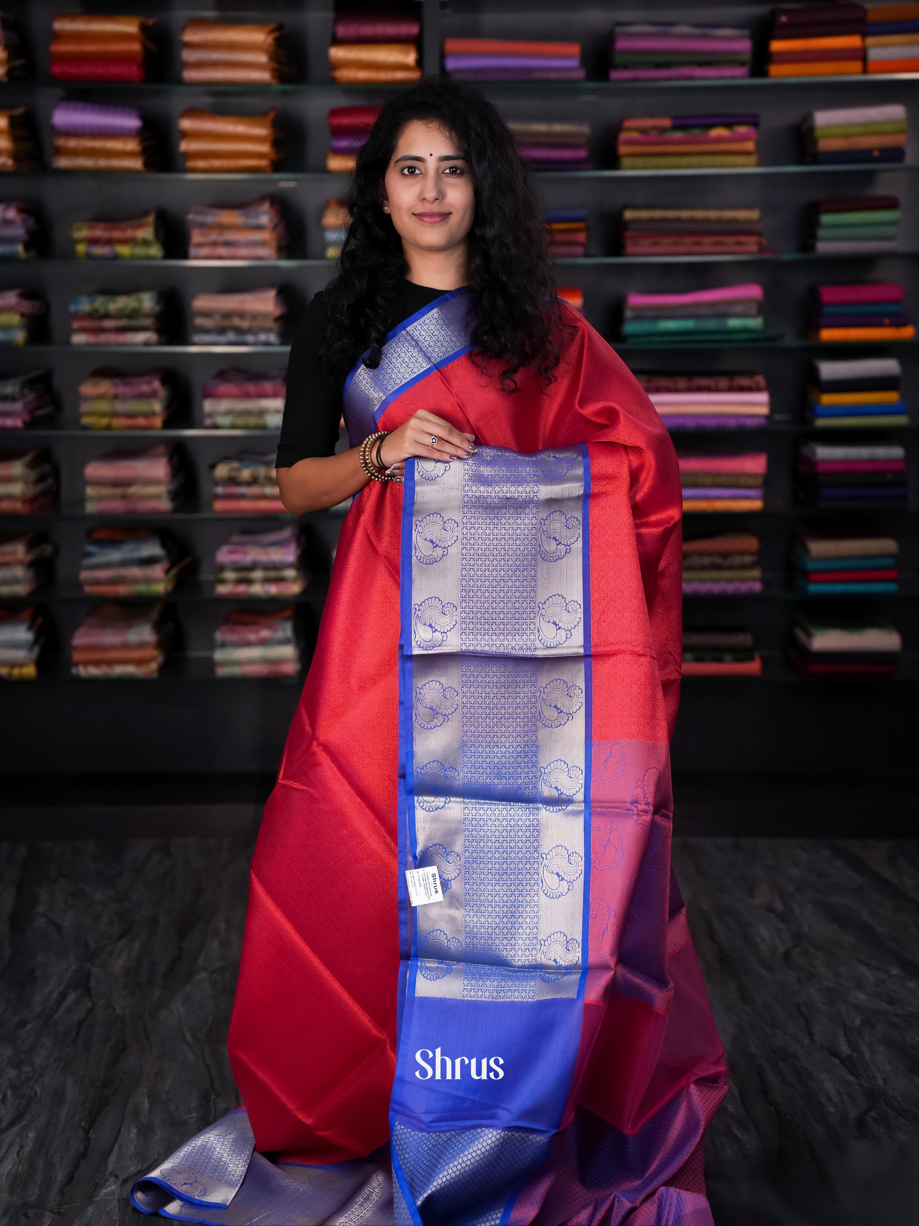 Red & Blue - Tanchoi Saree - Shop on Shrus.com