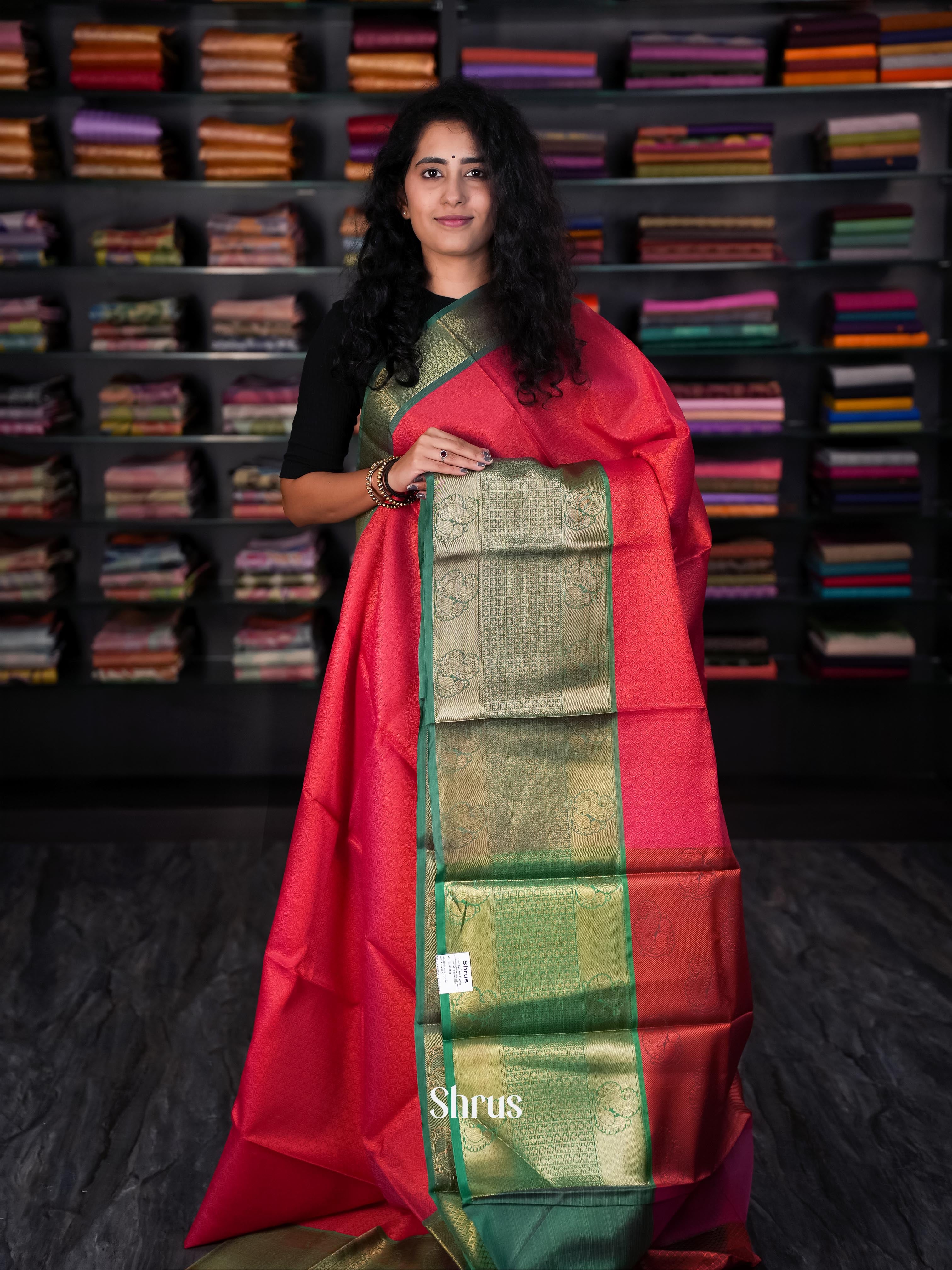 Red & Green - Tanchoi Saree - Shop on Shrus.com