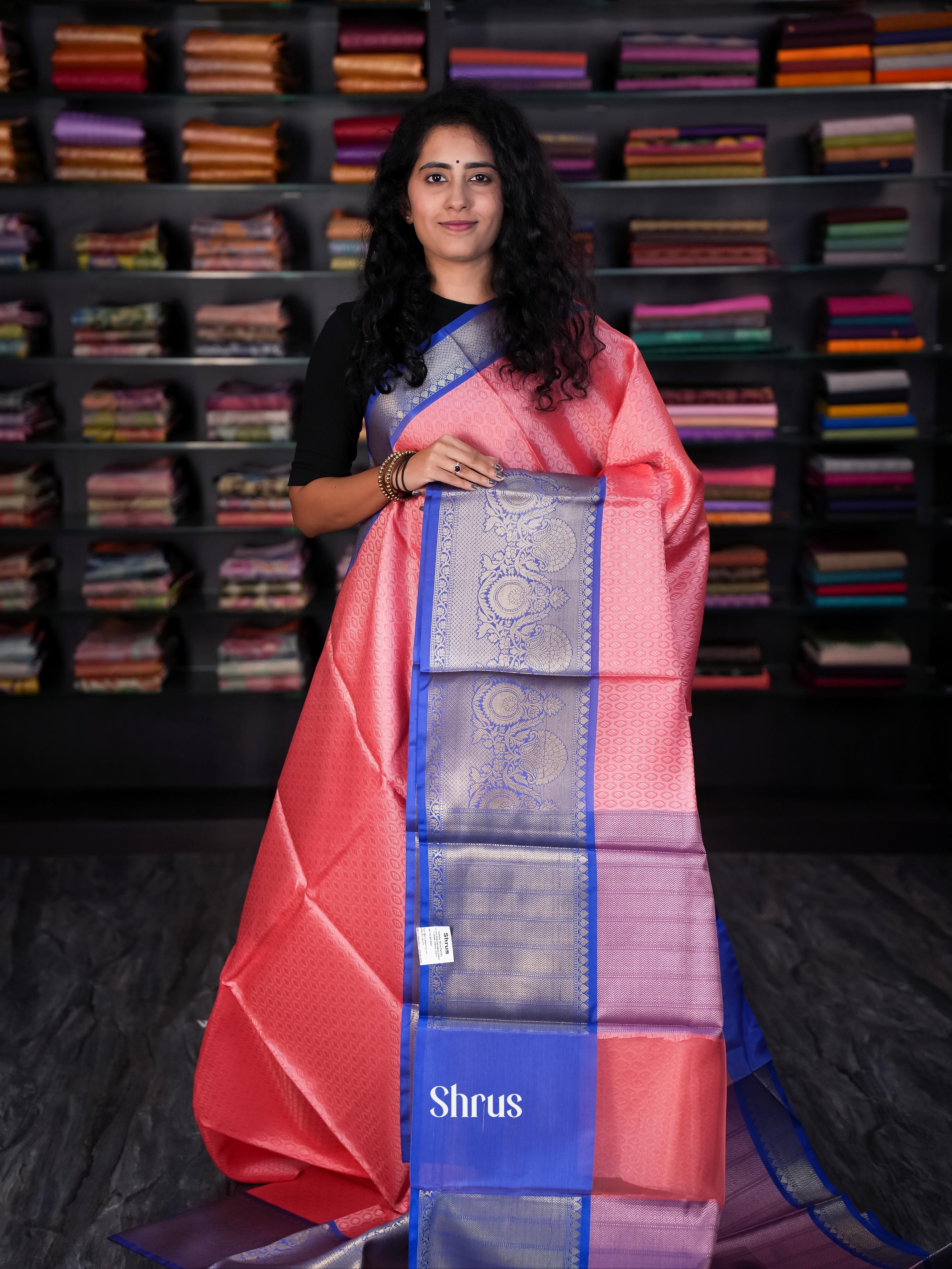 Peachish Pink & Blue - Tanchoi Saree - Shop on Shrus.com