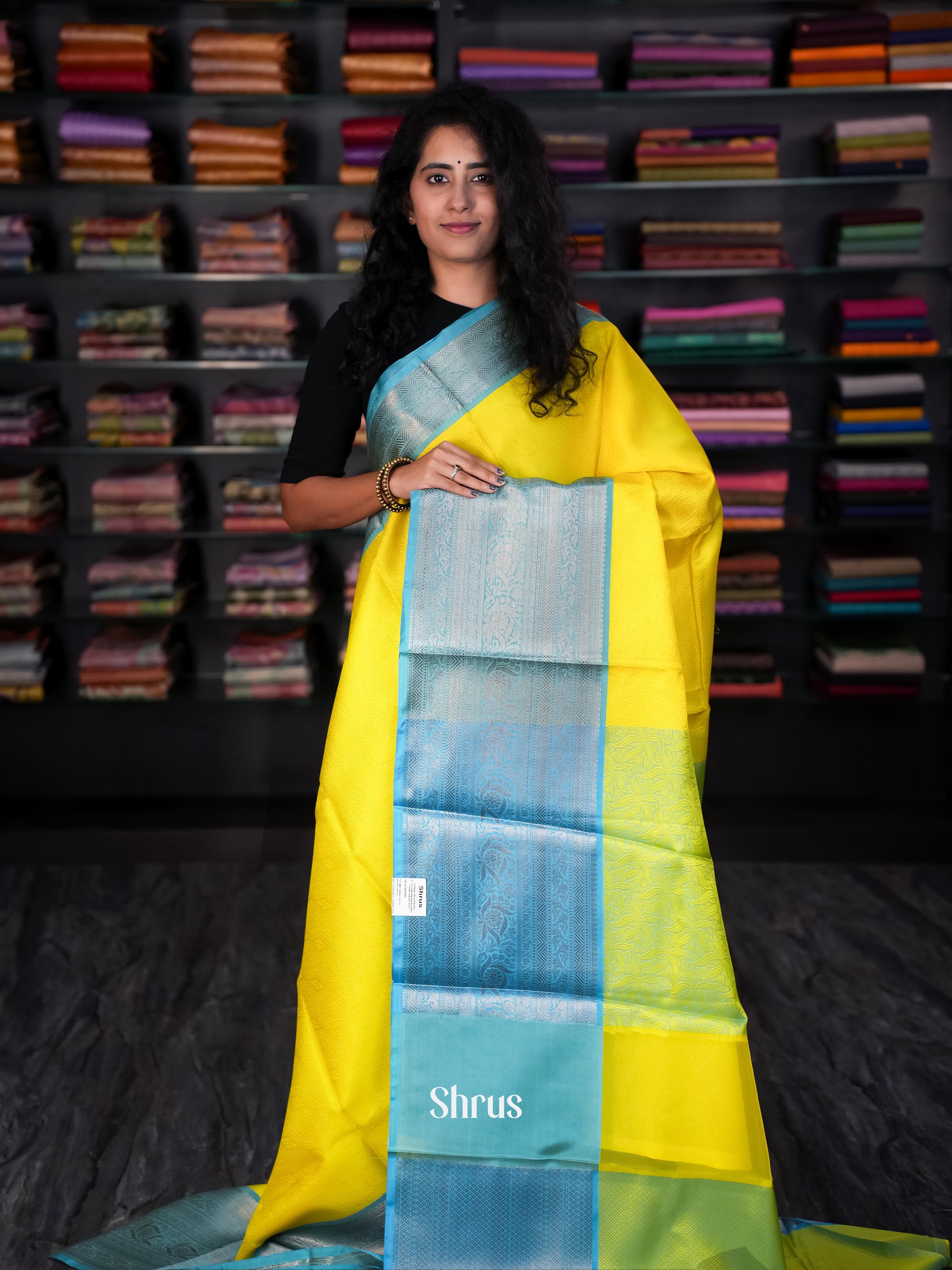Yellow & Blue - Tanchoi Saree - Shop on Shrus.com