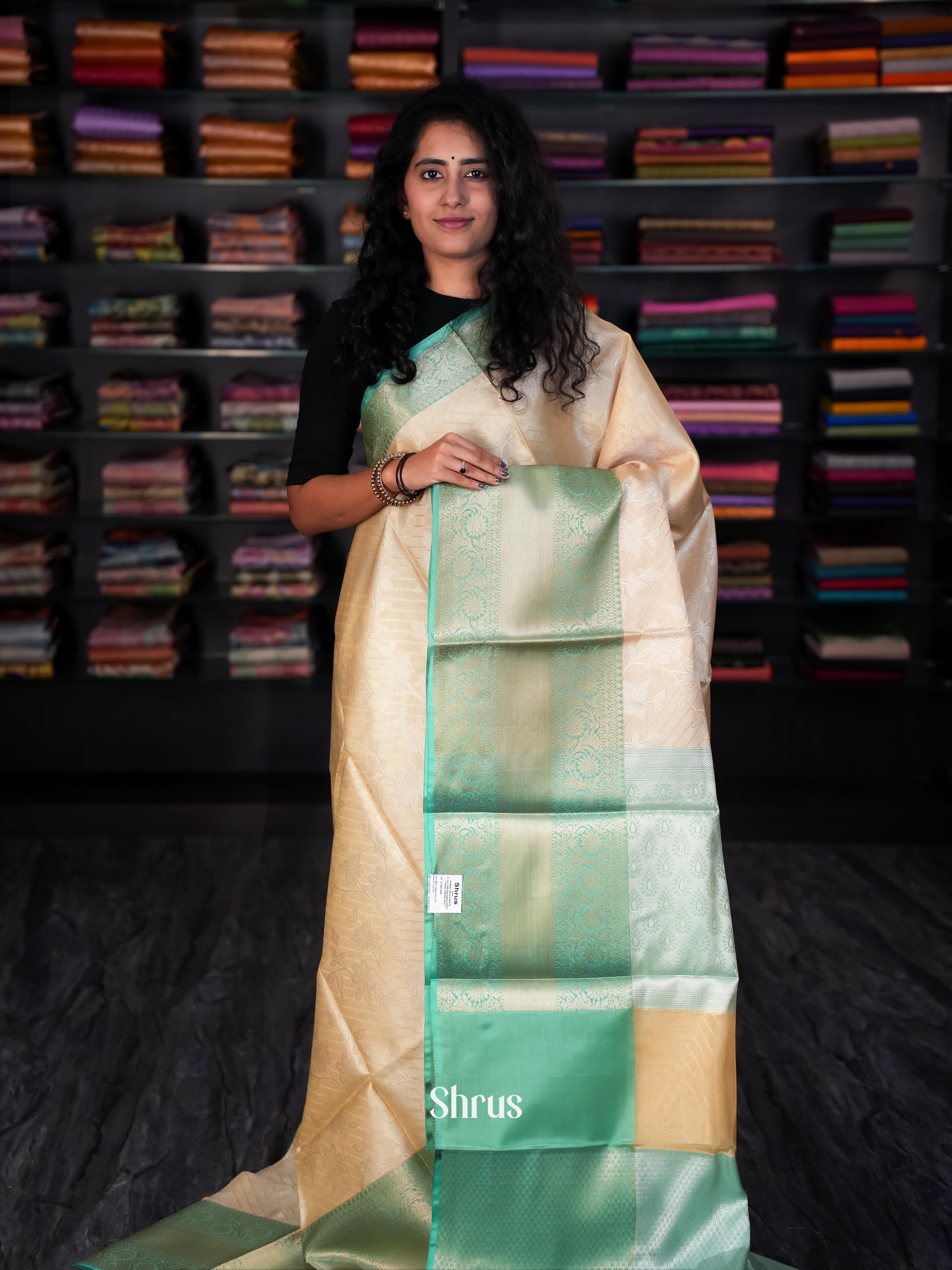 Cream & Green - Tanchoi Saree - Shop on Shrus.com