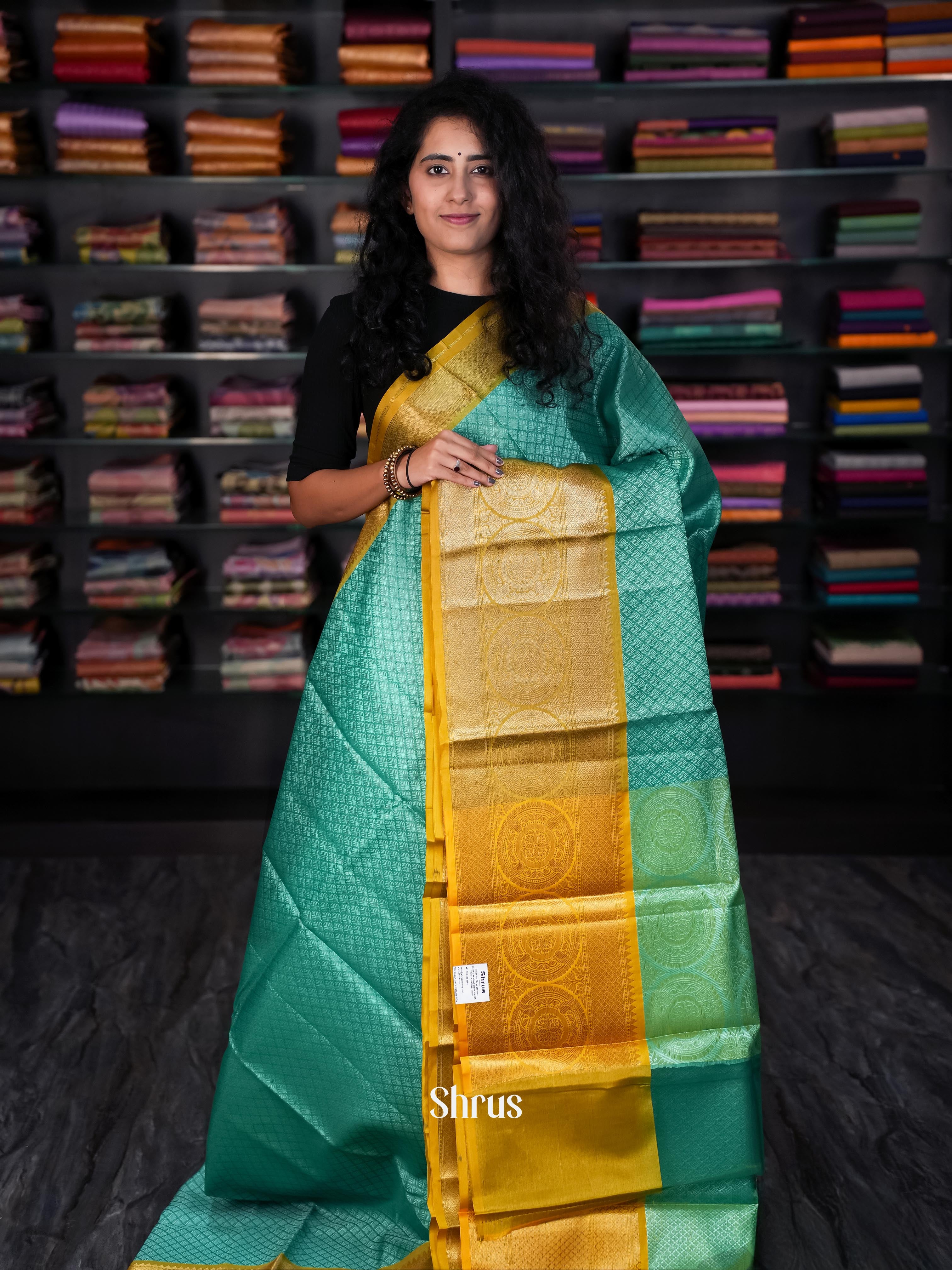 Teal & Mustard - Tanchoi Saree - Shop on Shrus.com