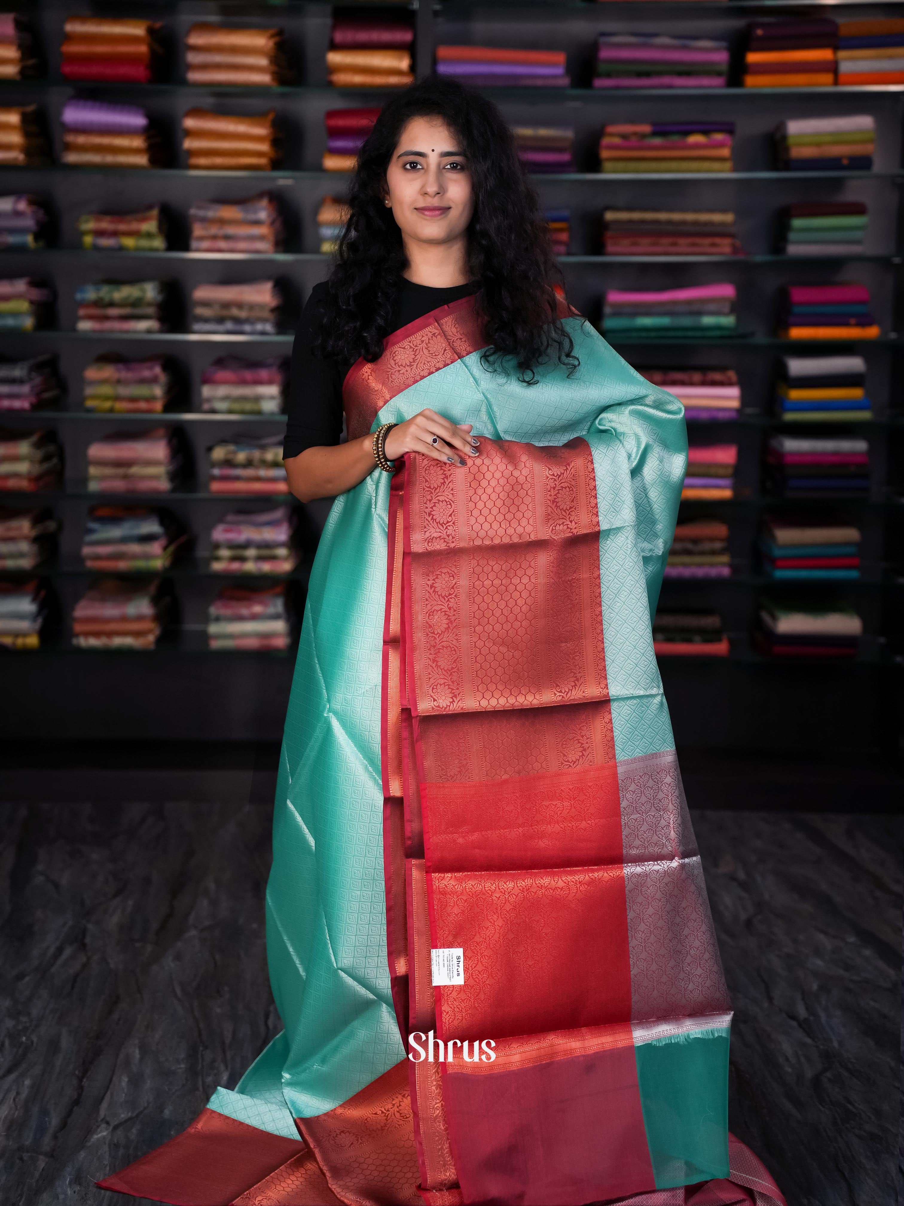 Teal & Maroon- Tanchoi Saree - Shop on Shrus.com