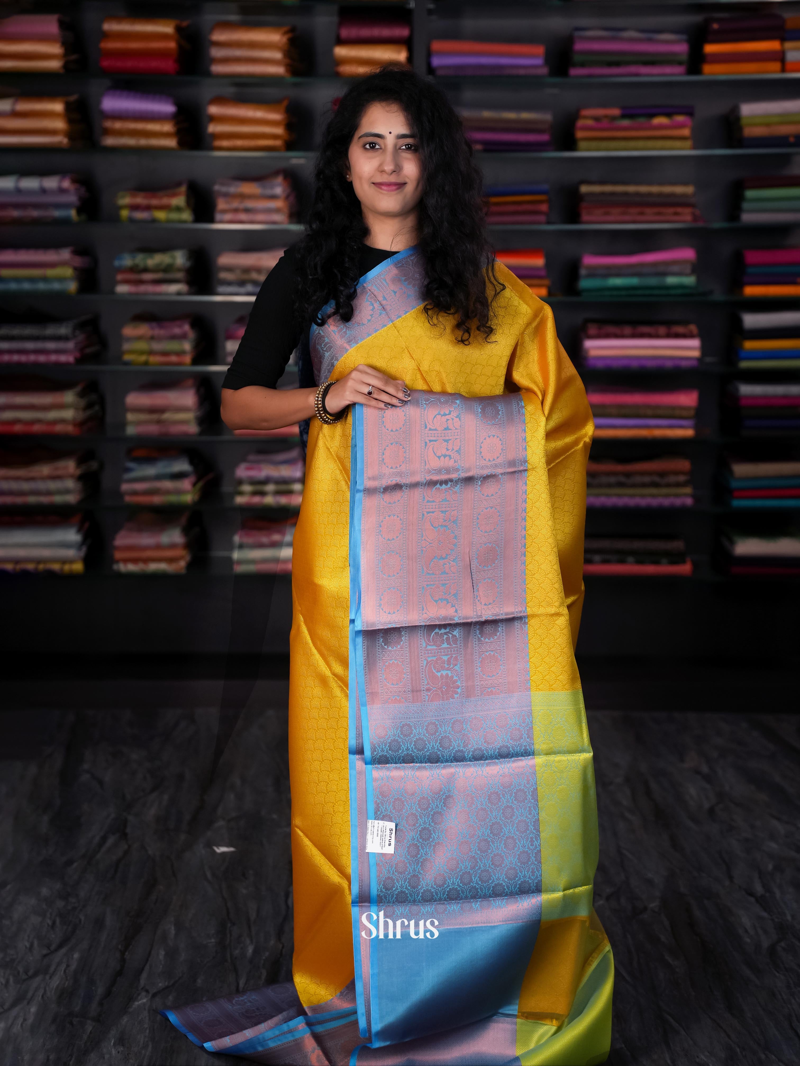 Mustard & Blue - Tanchoi Saree - Shop on Shrus.com