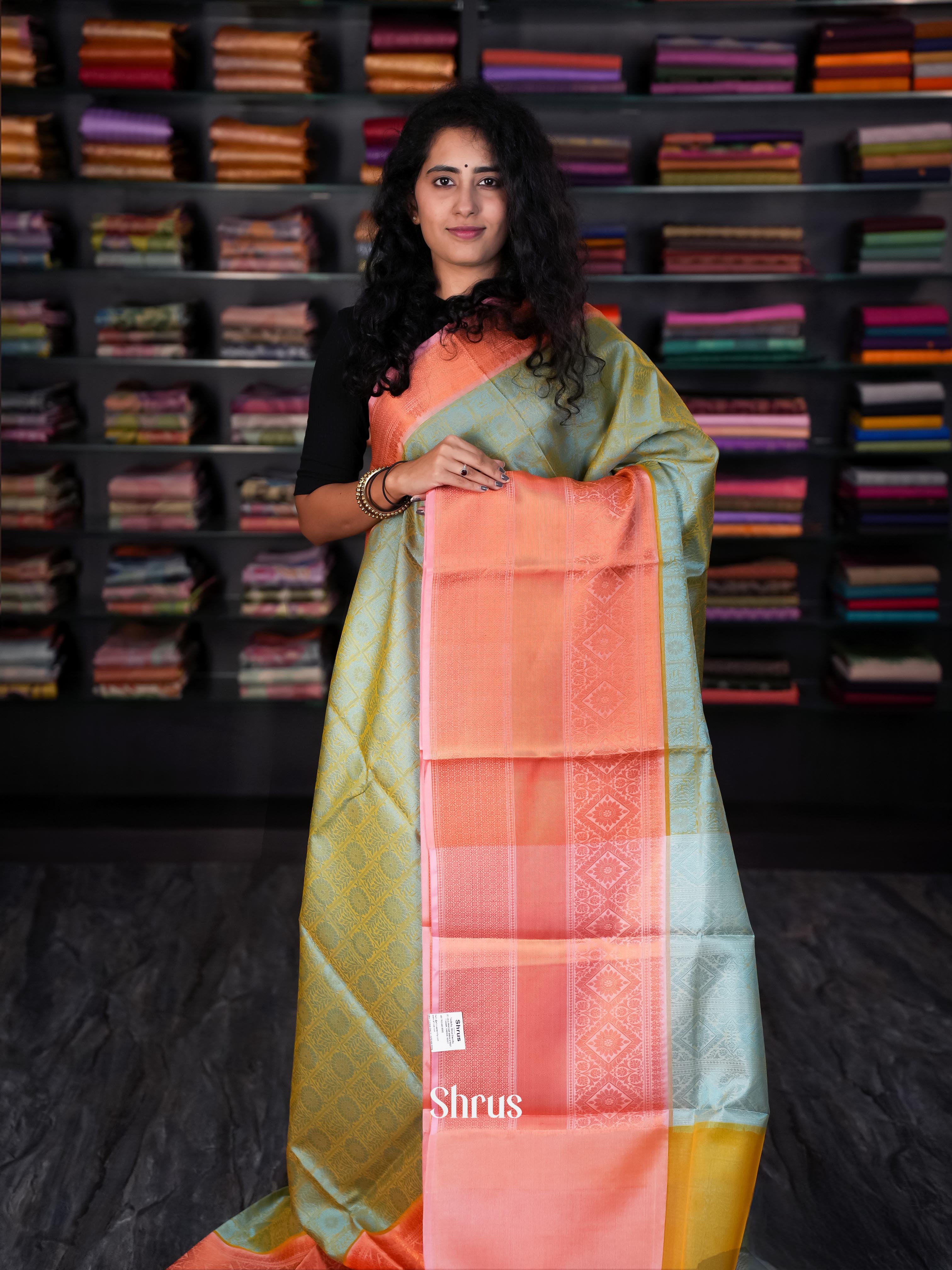 Double Shaded Green & Peach - Tanchoi Saree - Shop on Shrus.com