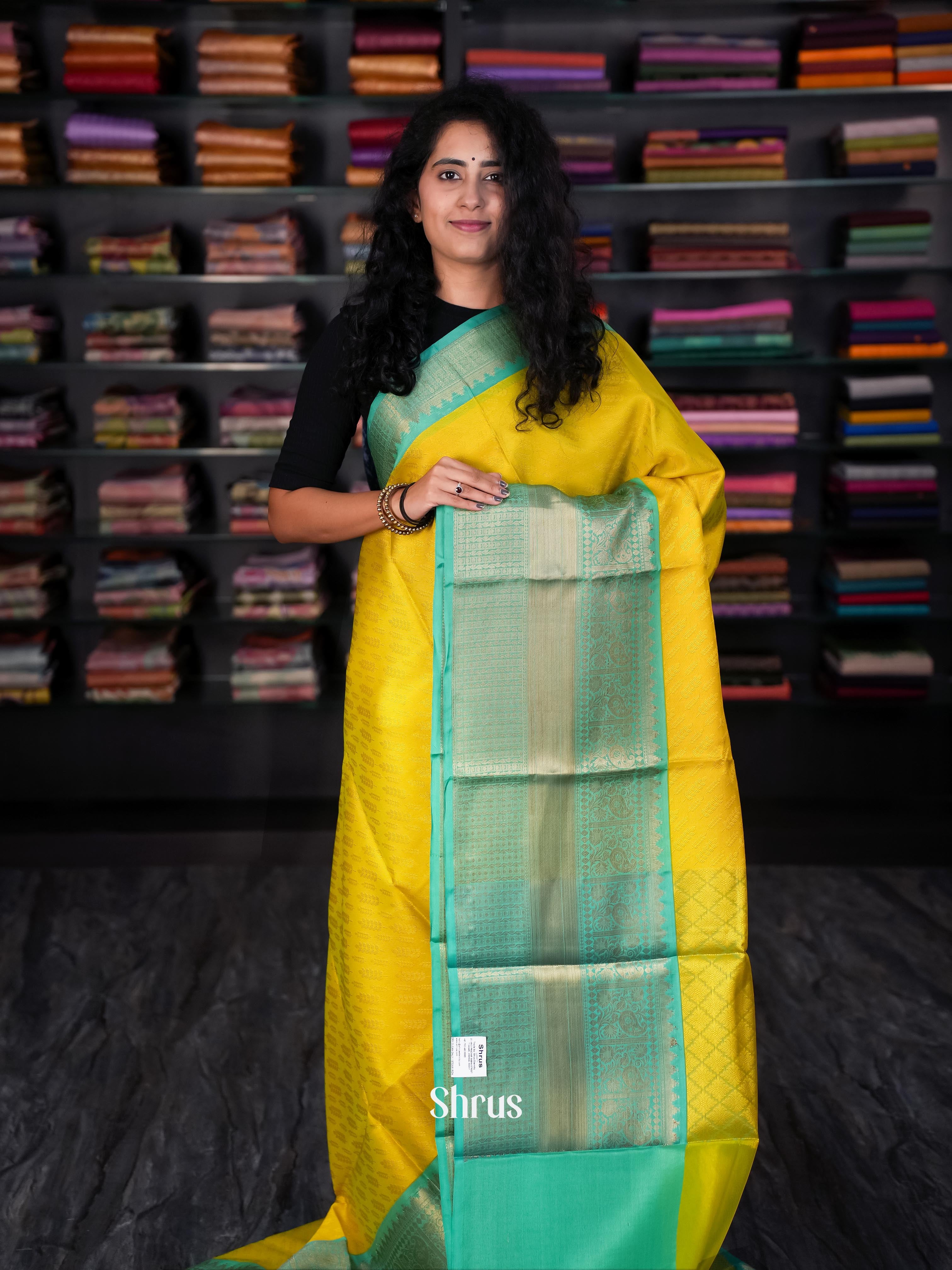 Yellow & Teal Green - Tanchoi Saree - Shop on Shrus.com