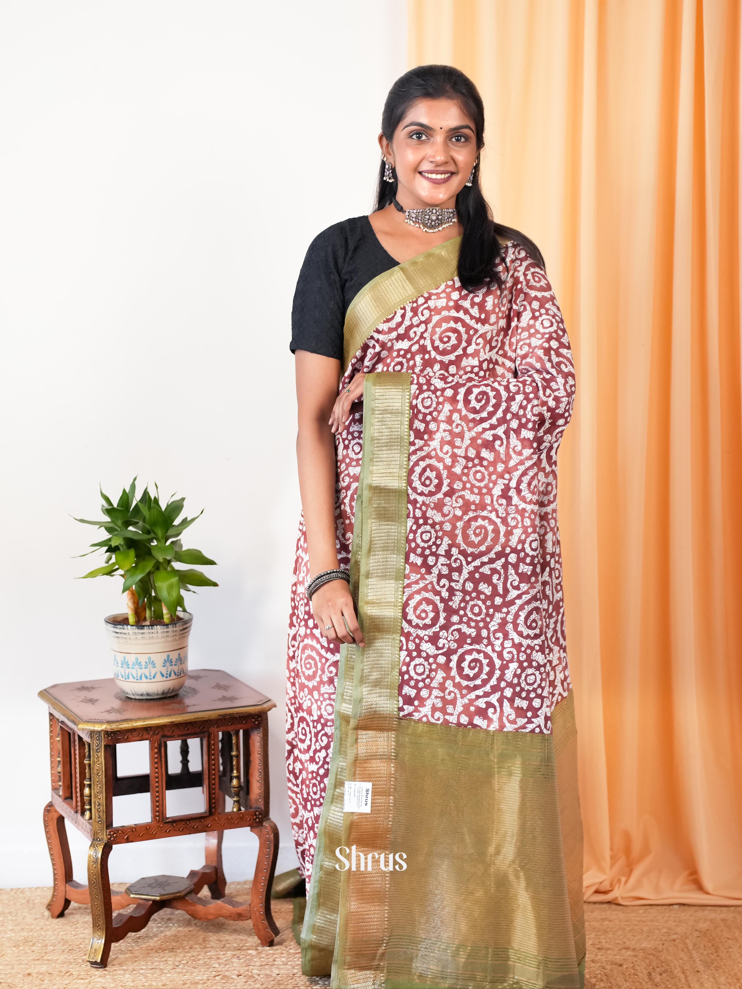 Brown & Green - Art Modal Saree - Shop on Shrus.com