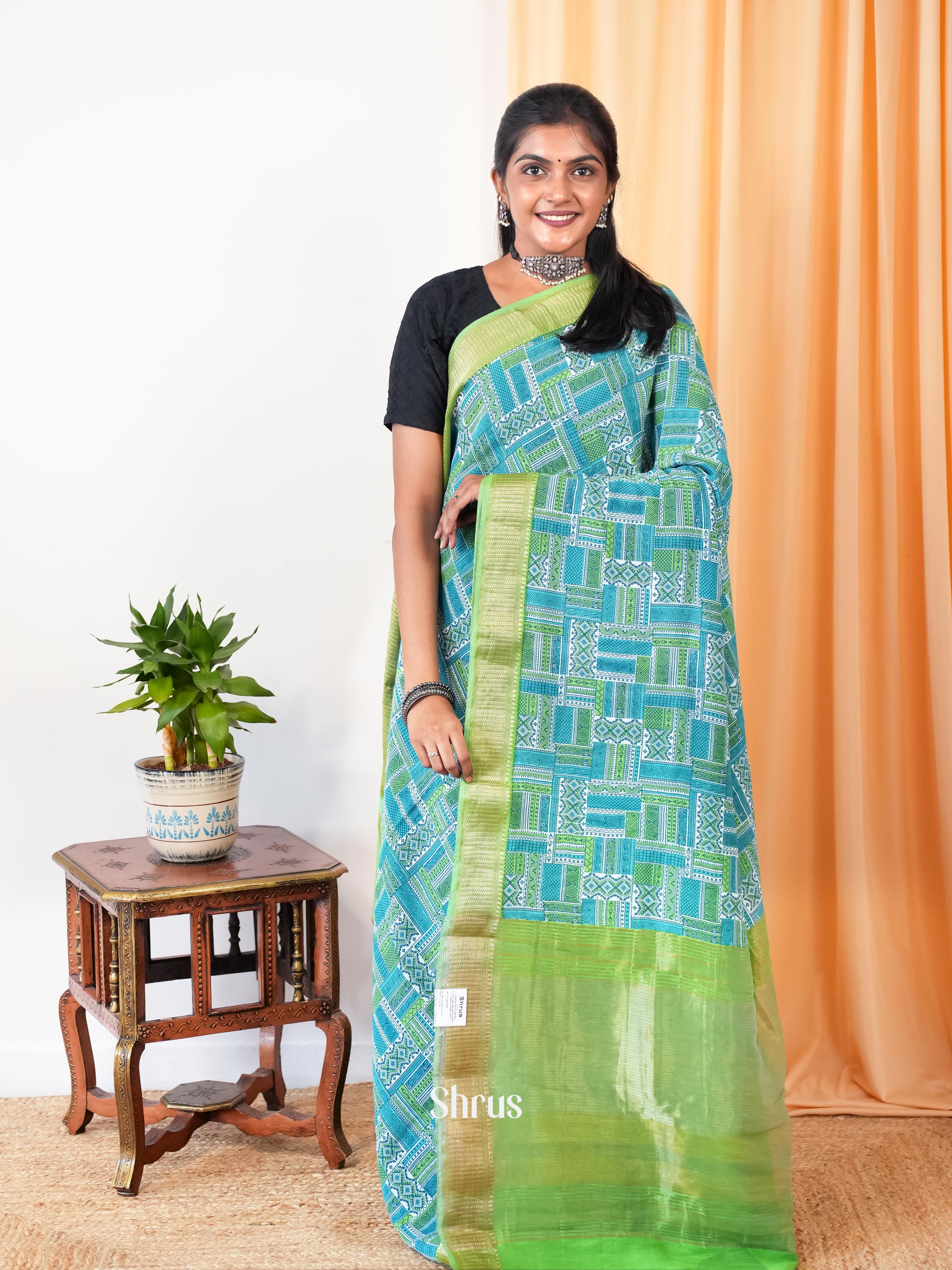 Blue & Green- Art Modal Saree - Shop on Shrus.com