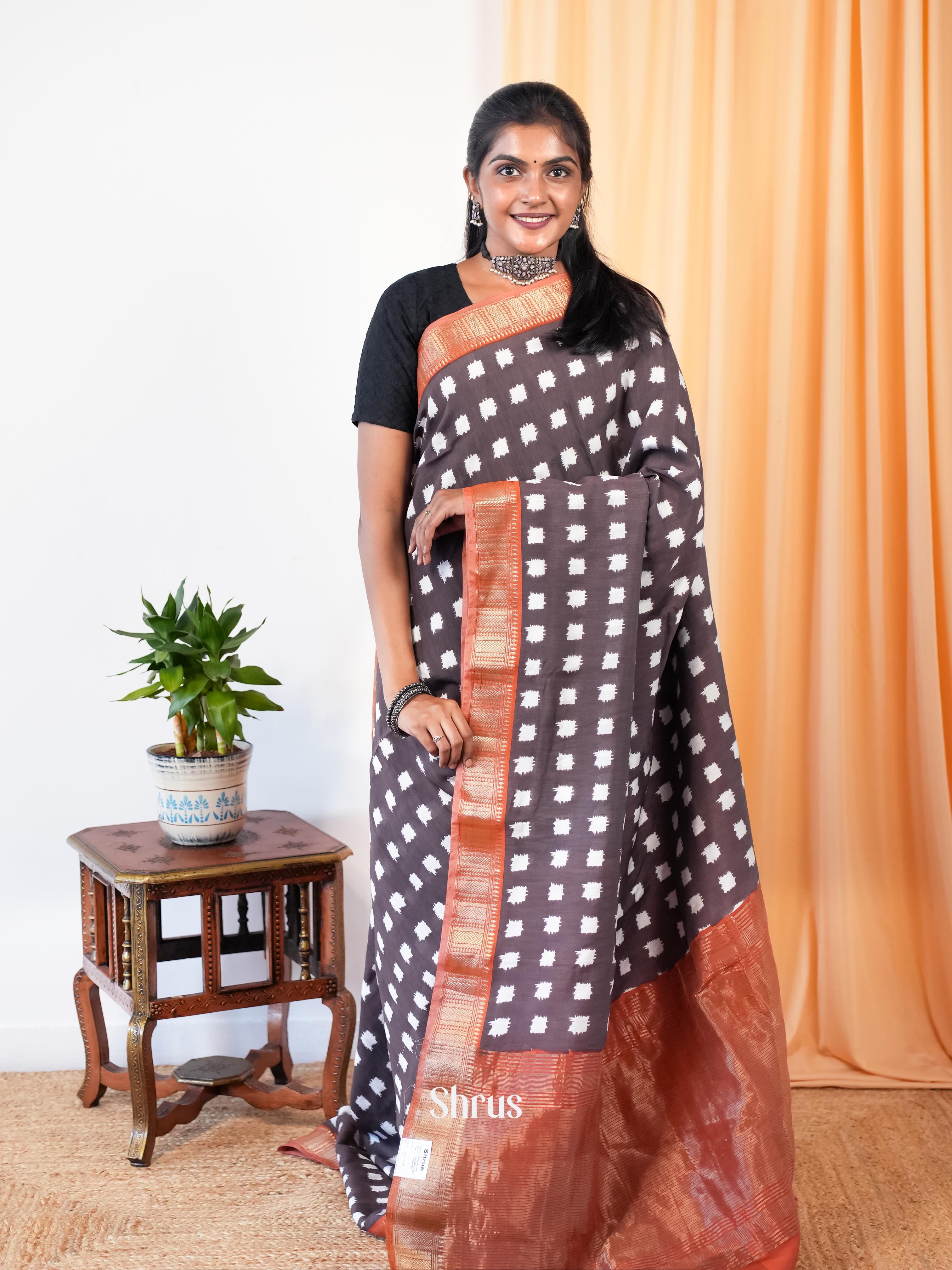 Elephant Grey & Brown - Art Modal Saree - Shop on Shrus.com