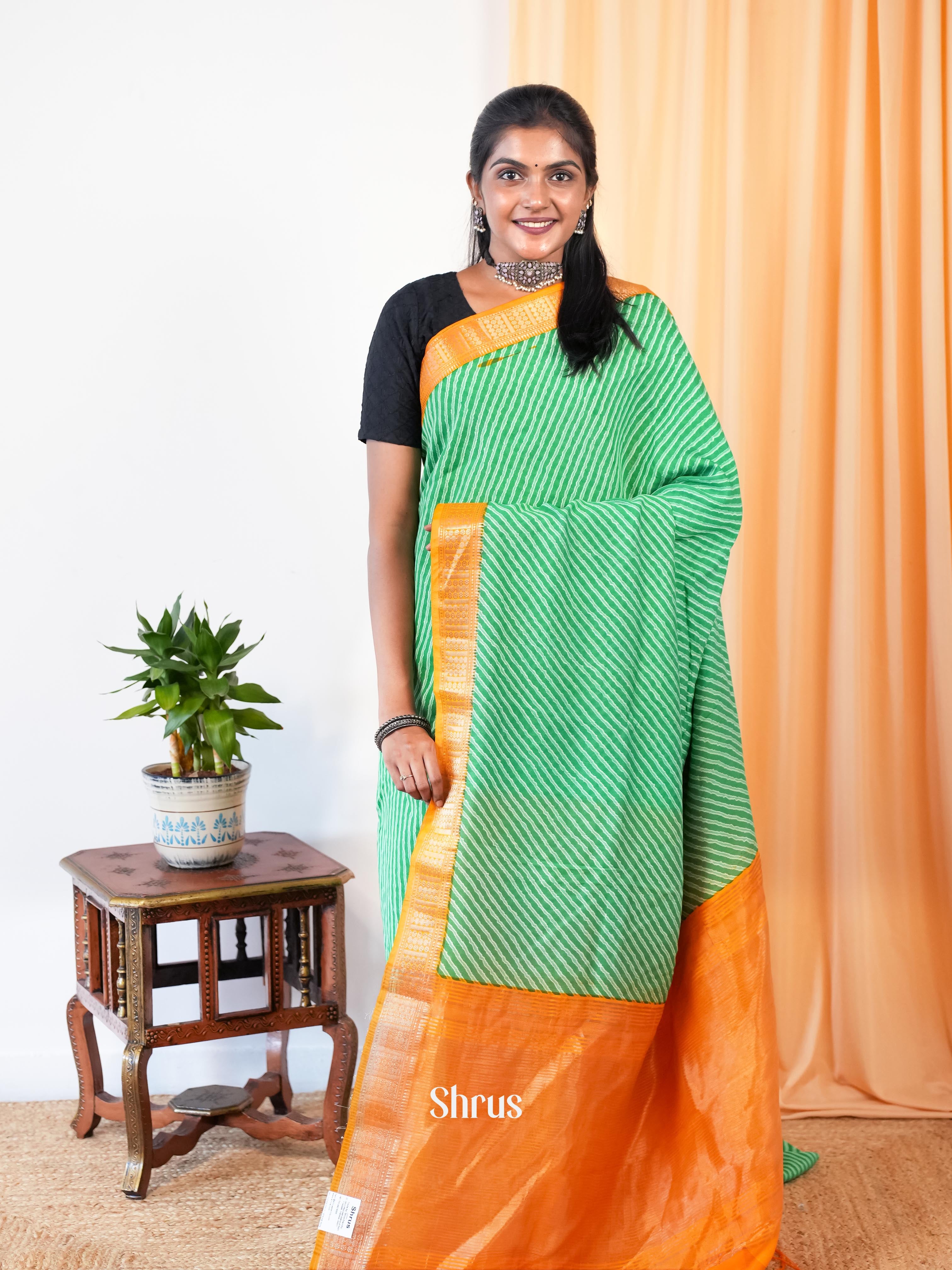 Green & Orange - Art Modal Saree - Shop on Shrus.com