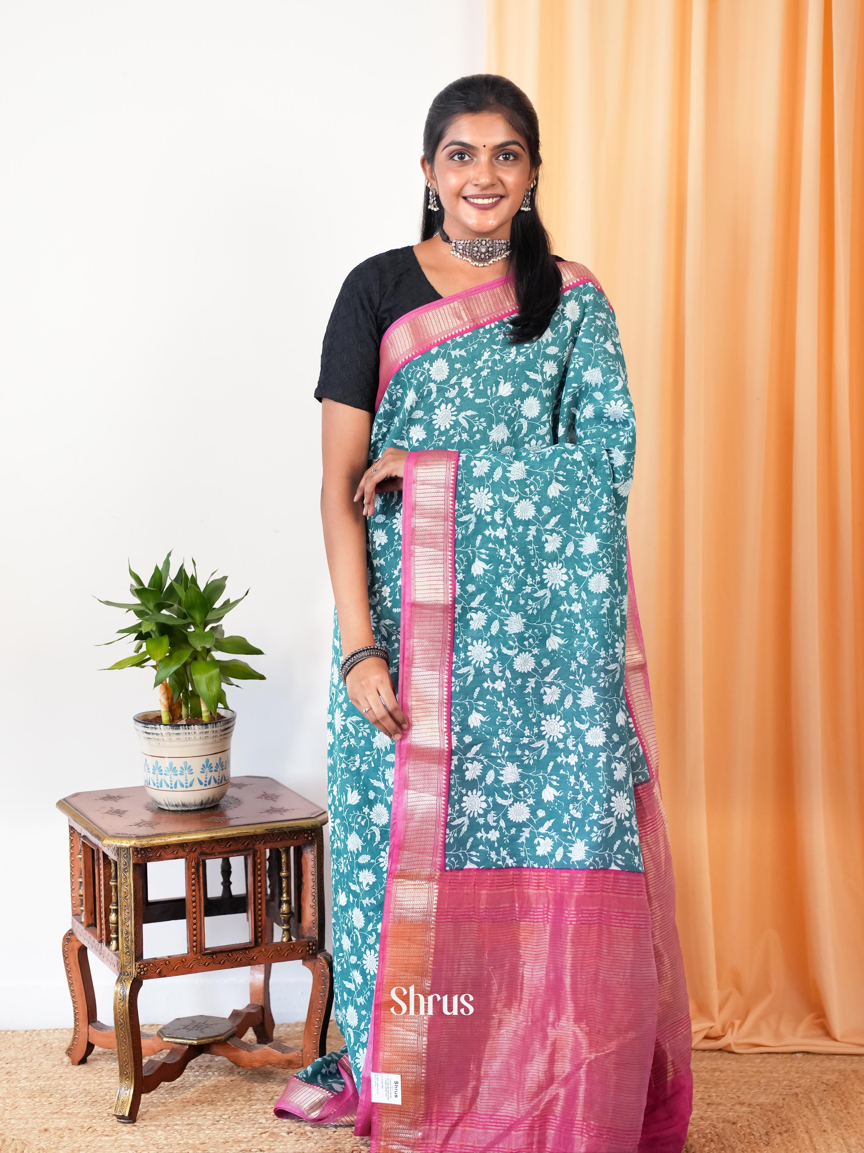 Teal & Pink - Art Modal Saree - Shop on Shrus.com