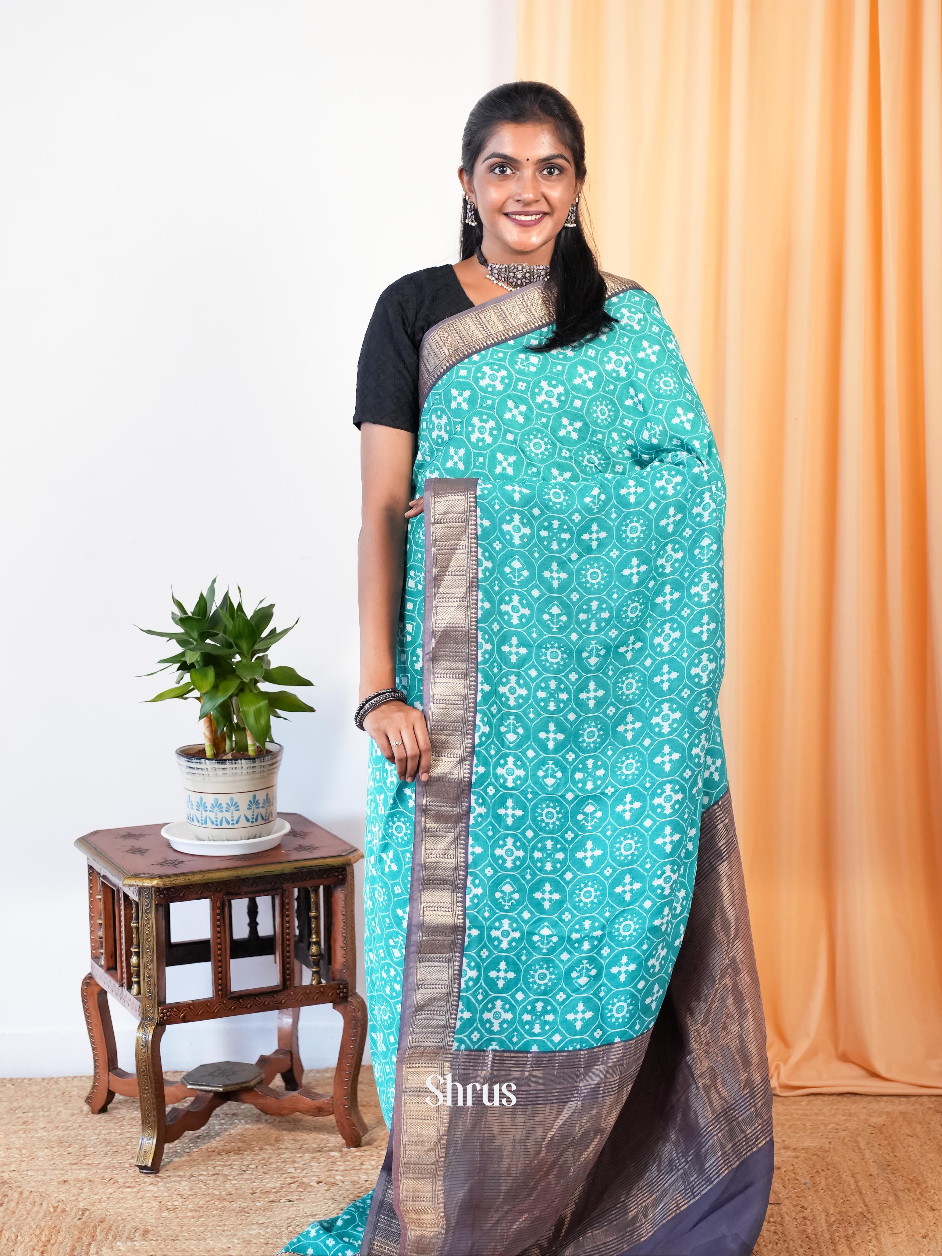Teal & Grey - Art Modal Saree - Shop on Shrus.com