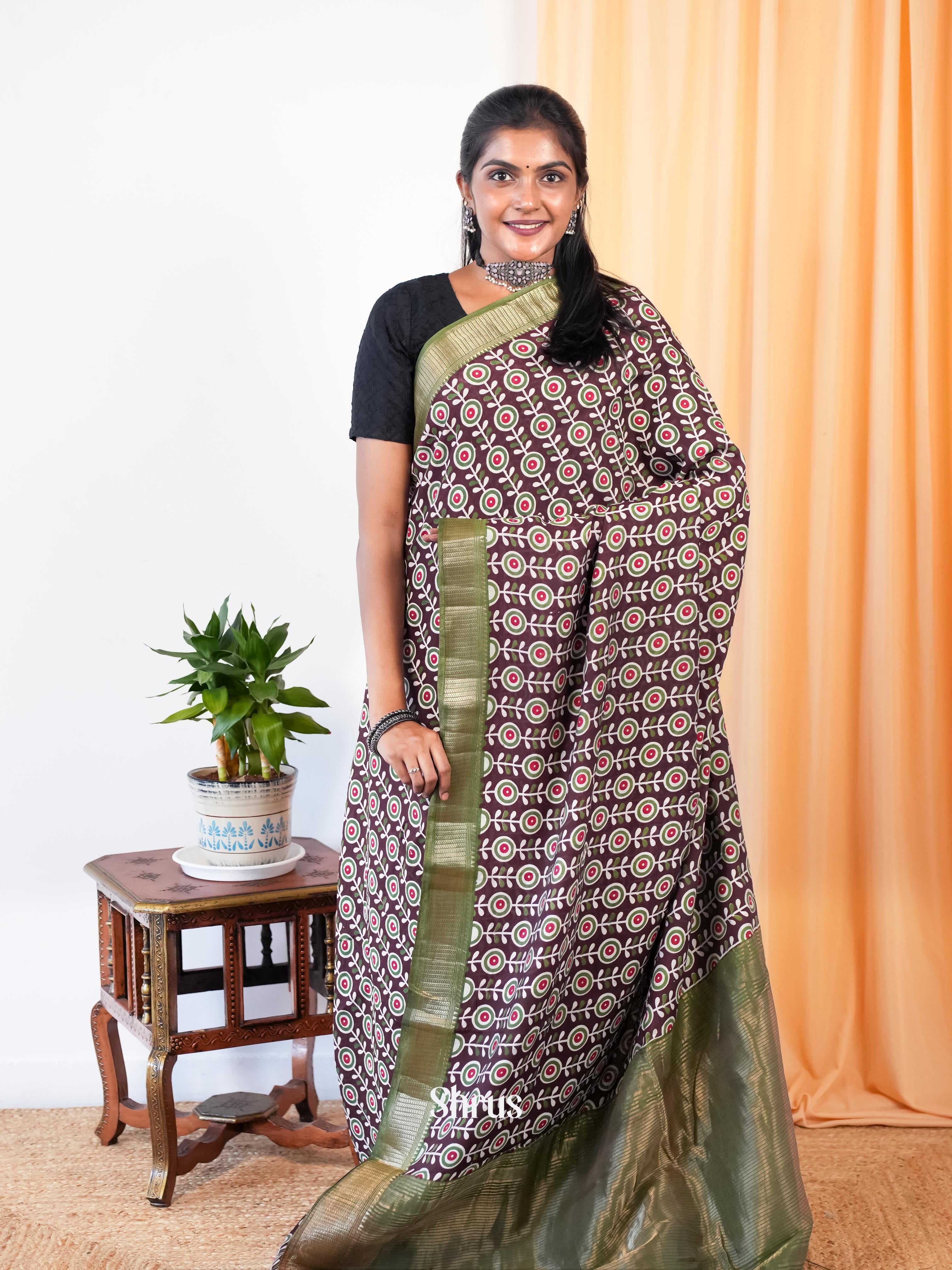 Brown & Green - Art Modal Saree - Shop on Shrus.com