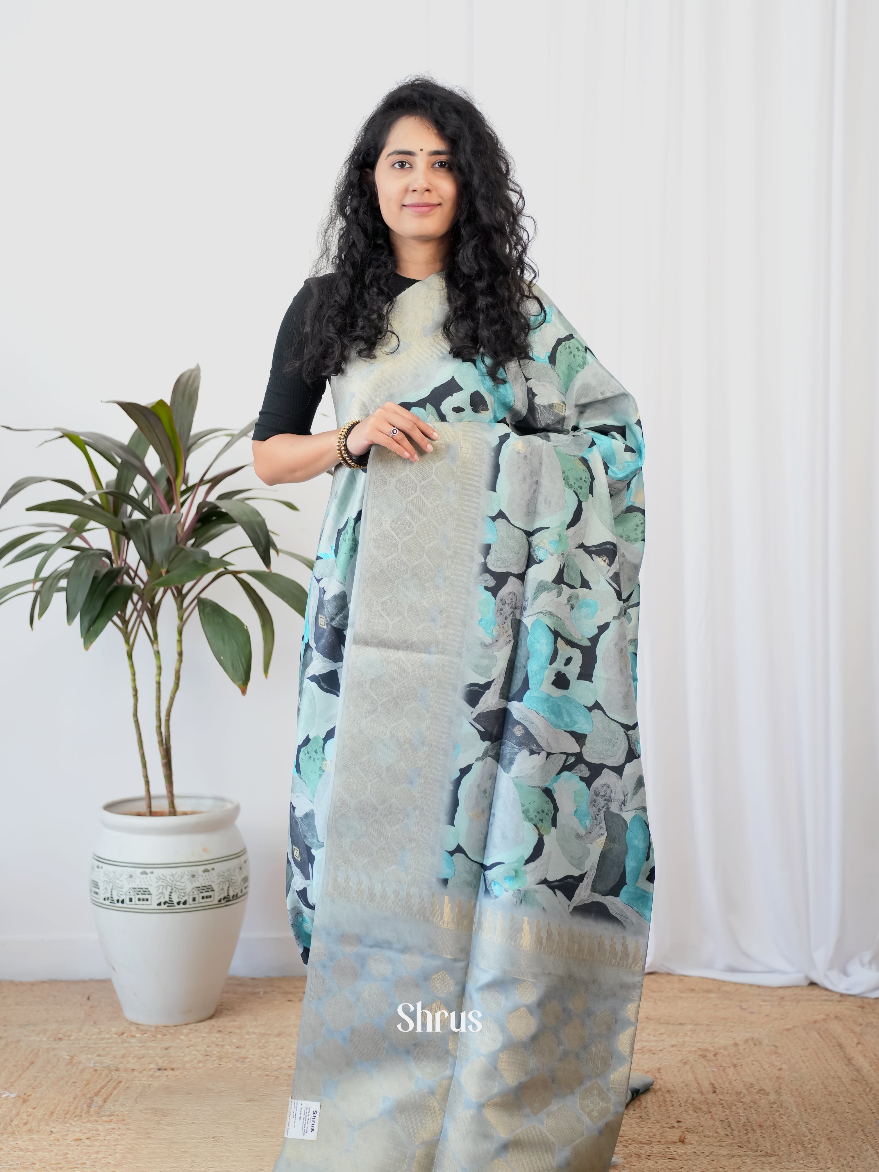 Blue & Grey - Semi Tussar Saree - Shop on Shrus.com