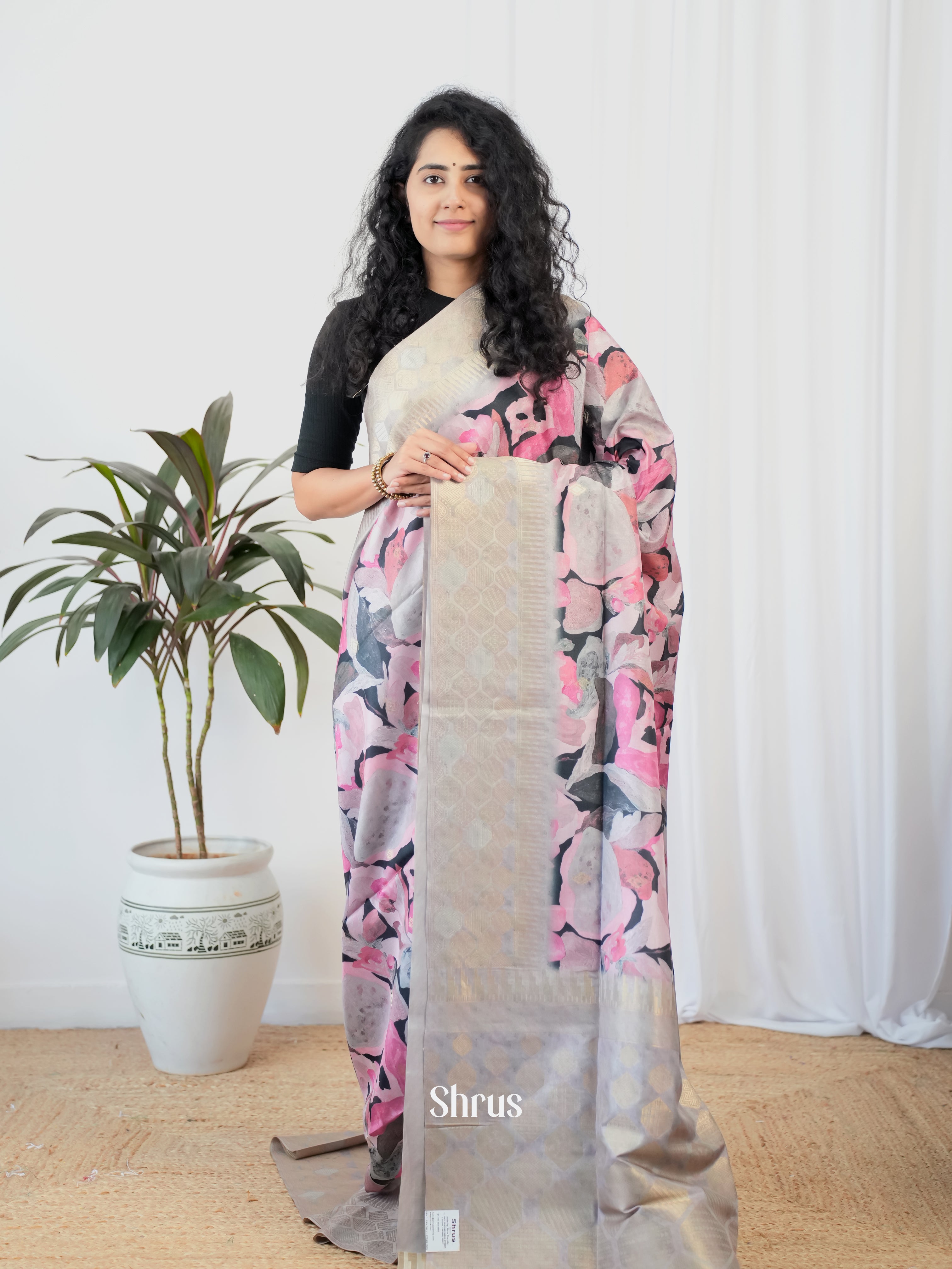Pink & Grey - Semi Tussar Saree - Shop on Shrus.com