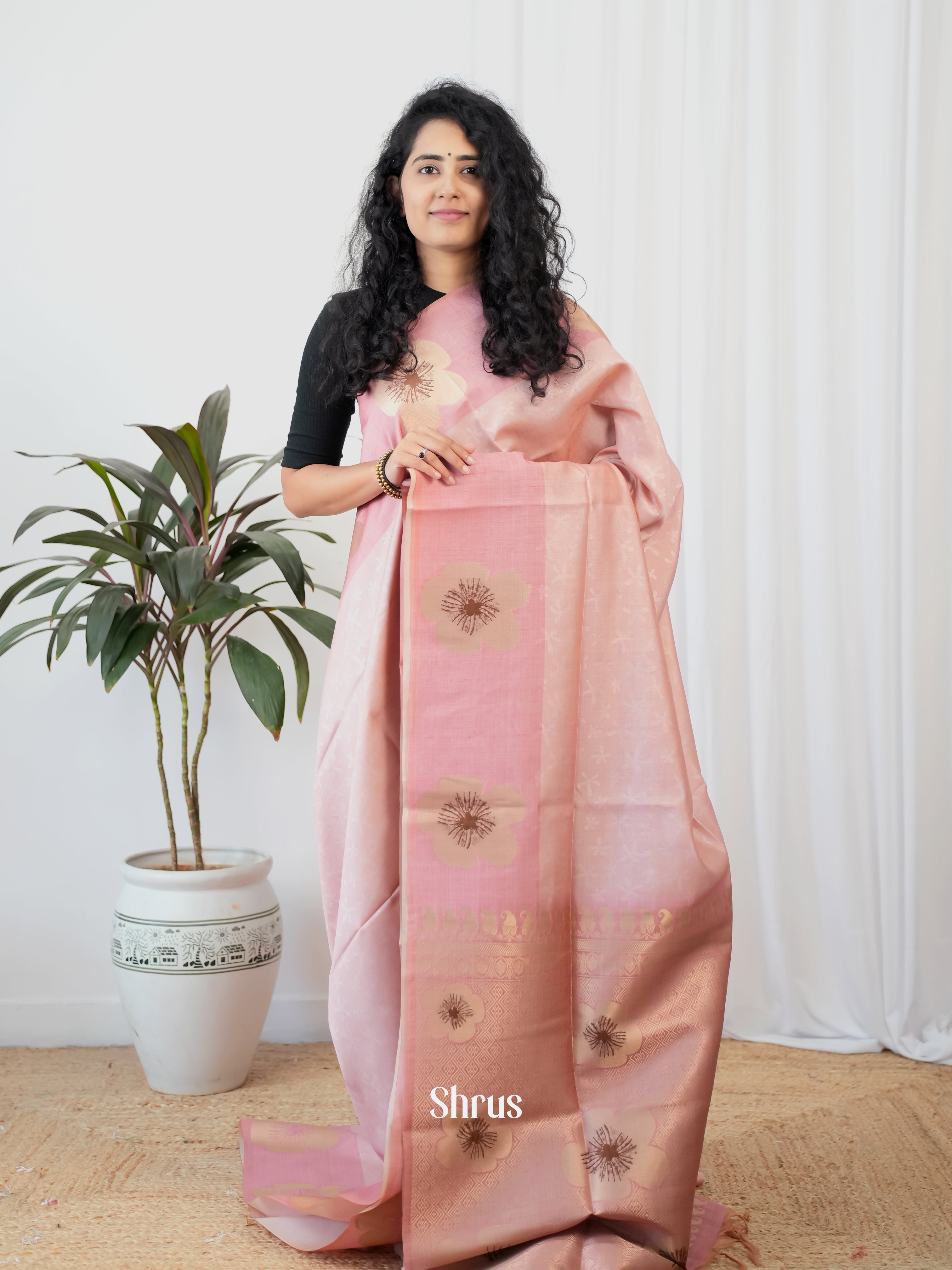 Pastel Pink - Semi Tussar Saree - Shop on Shrus.com