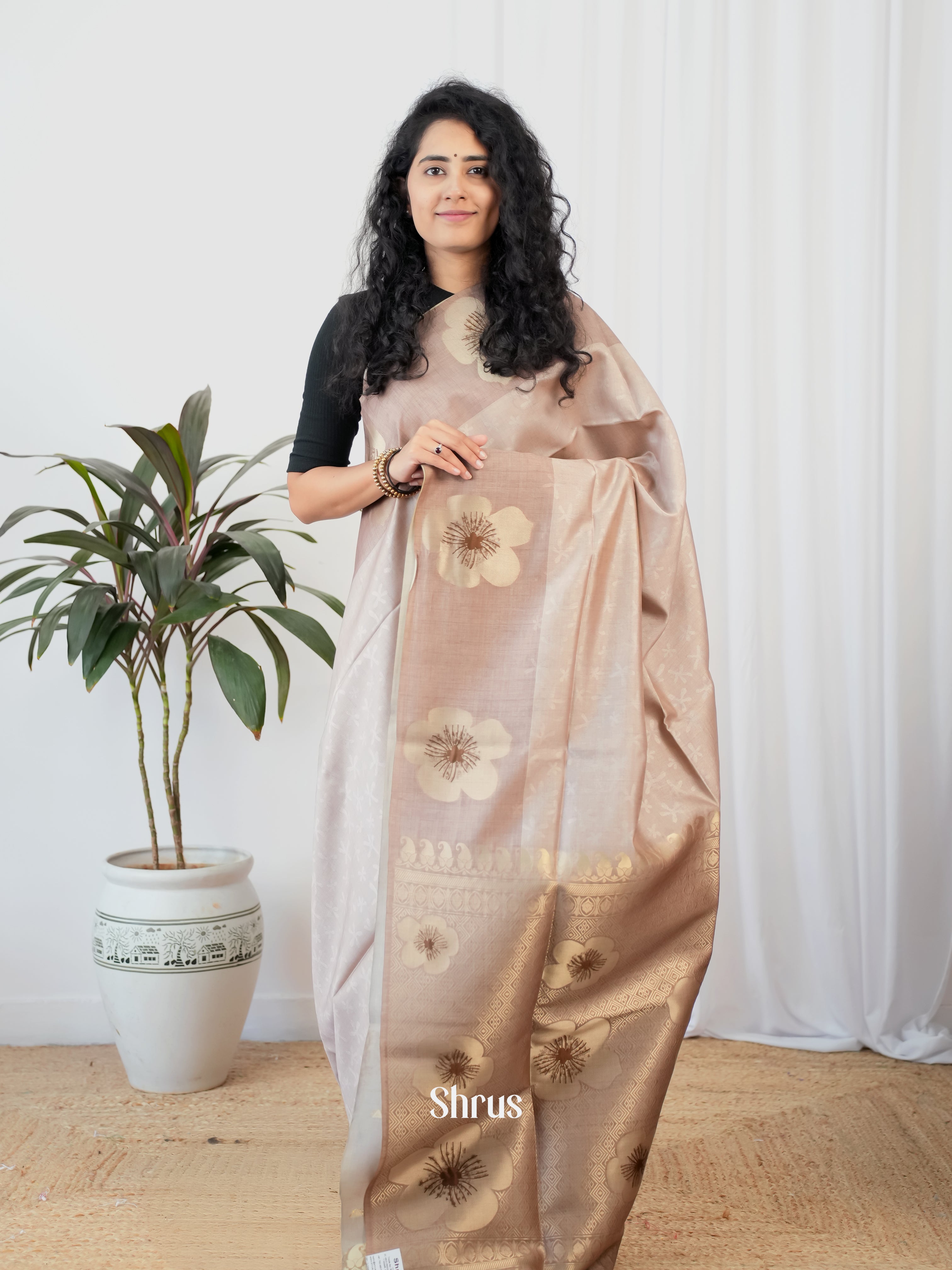 Pastel Grey - Semi Tussar Saree - Shop on Shrus.com