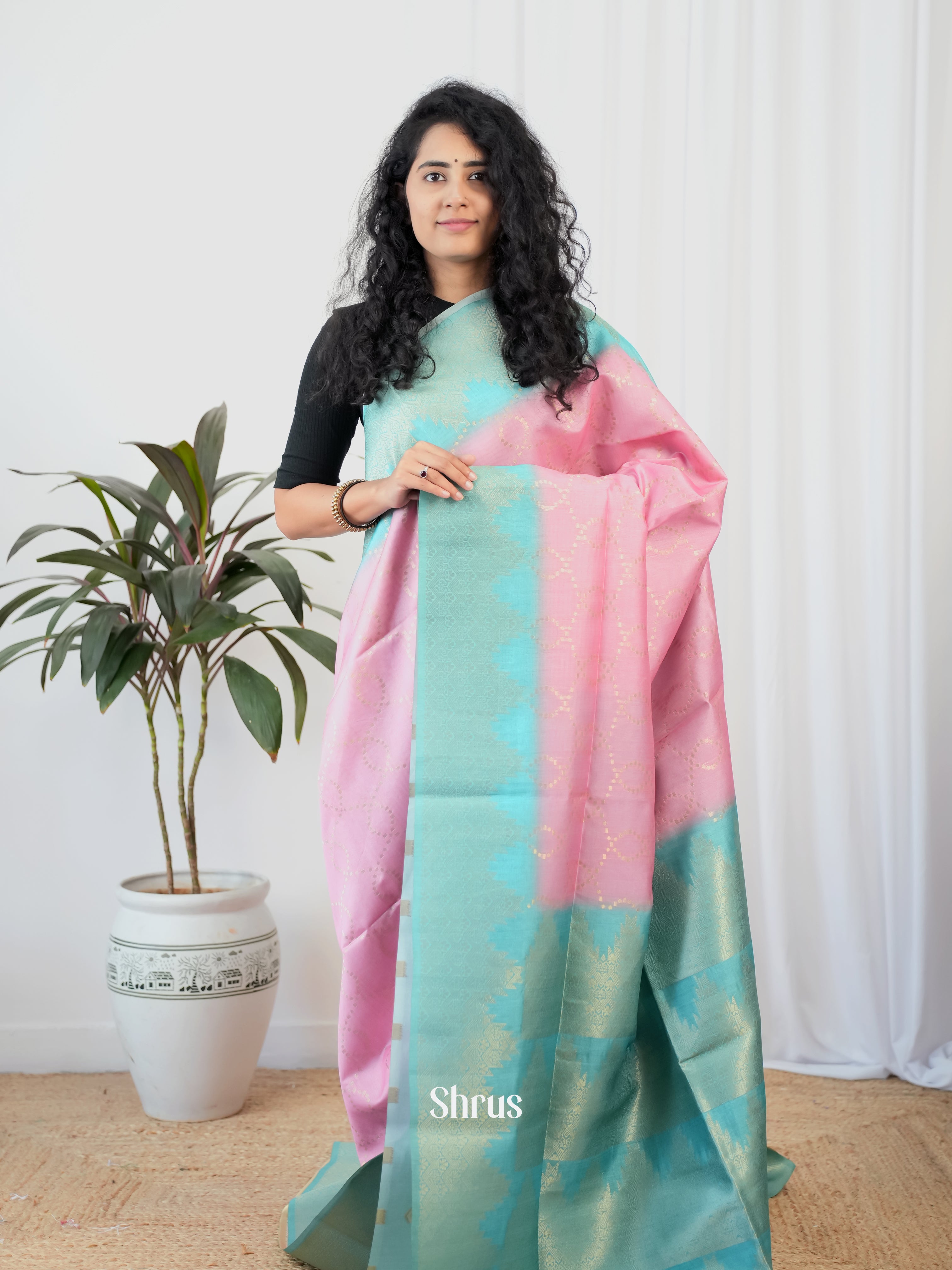 Pink & Blue - Semi Tussar Saree - Shop on Shrus.com