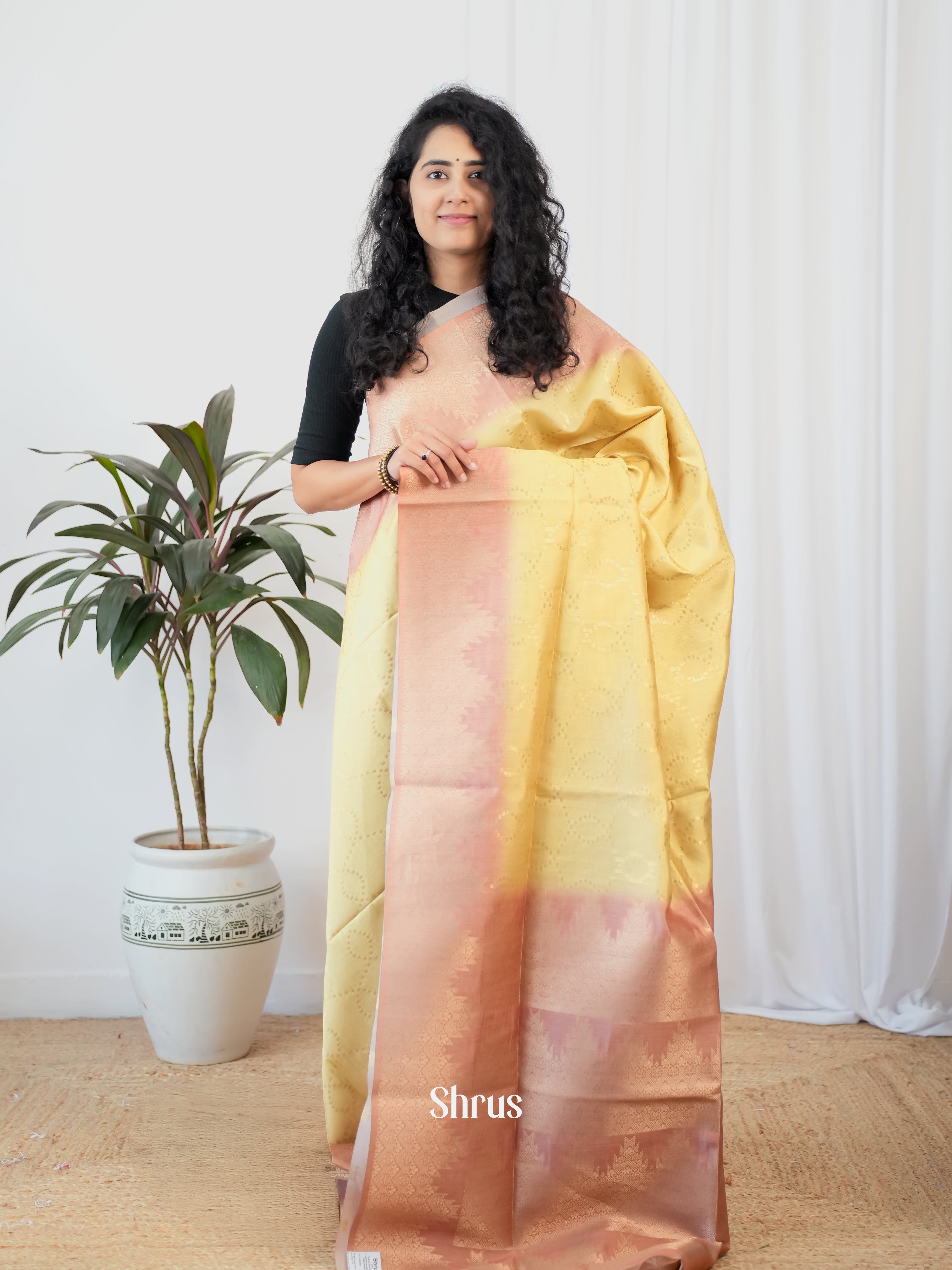 Mustard & Peach - Semi Tussar Saree - Shop on Shrus.com