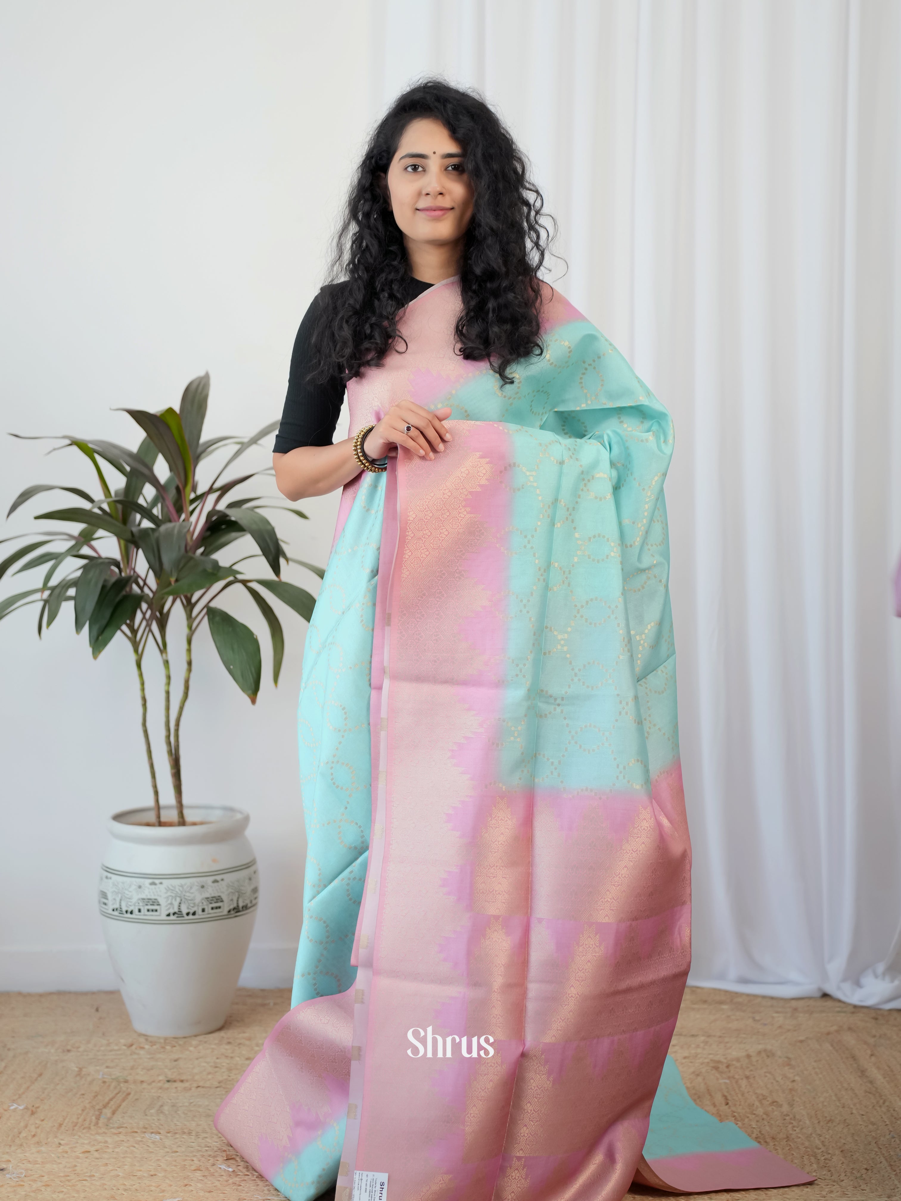 Blue & Pink- Semi Tussar Saree - Shop on Shrus.com