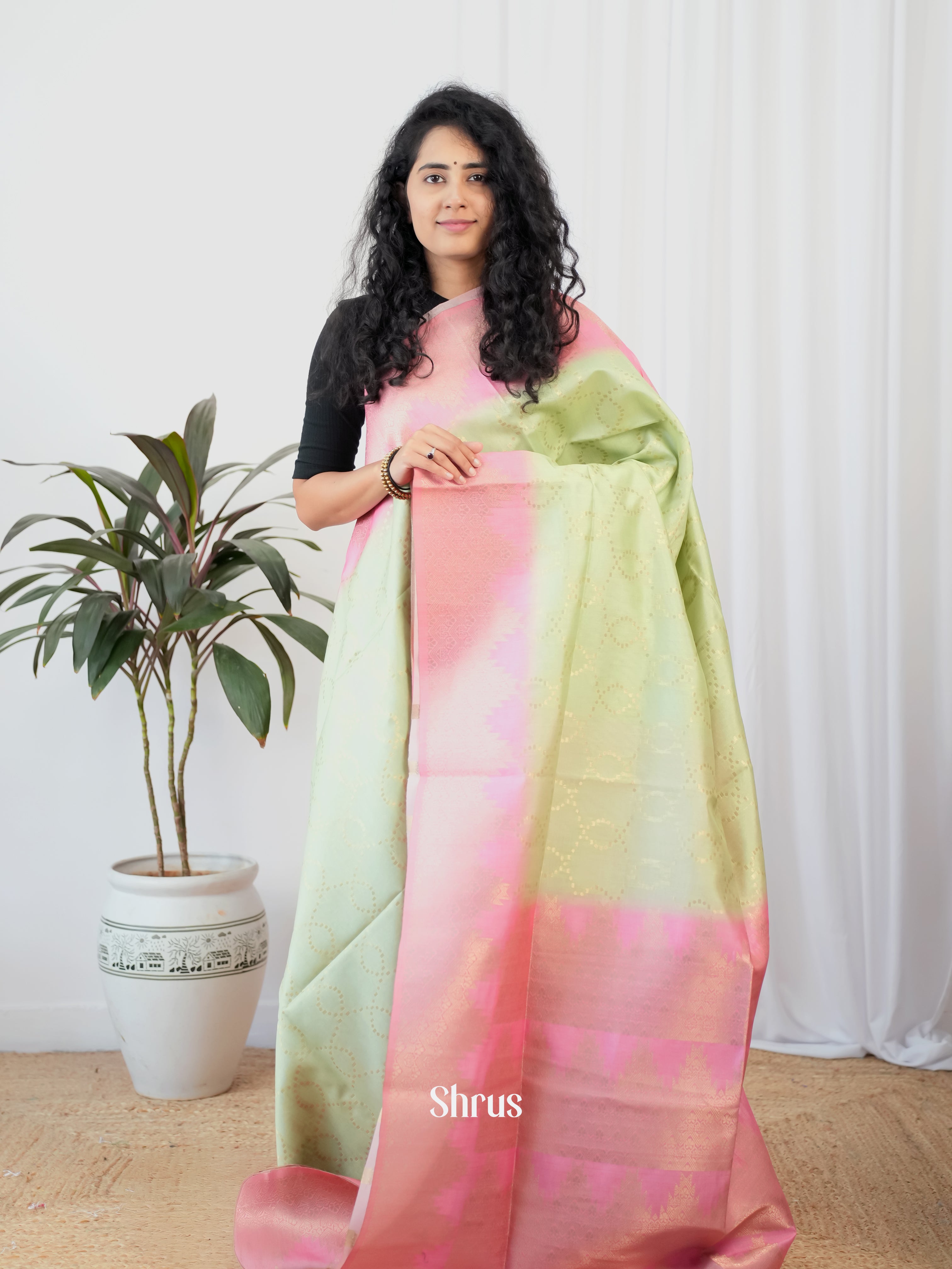 Pastel Green & pink- Semi Tussar Saree - Shop on Shrus.com
