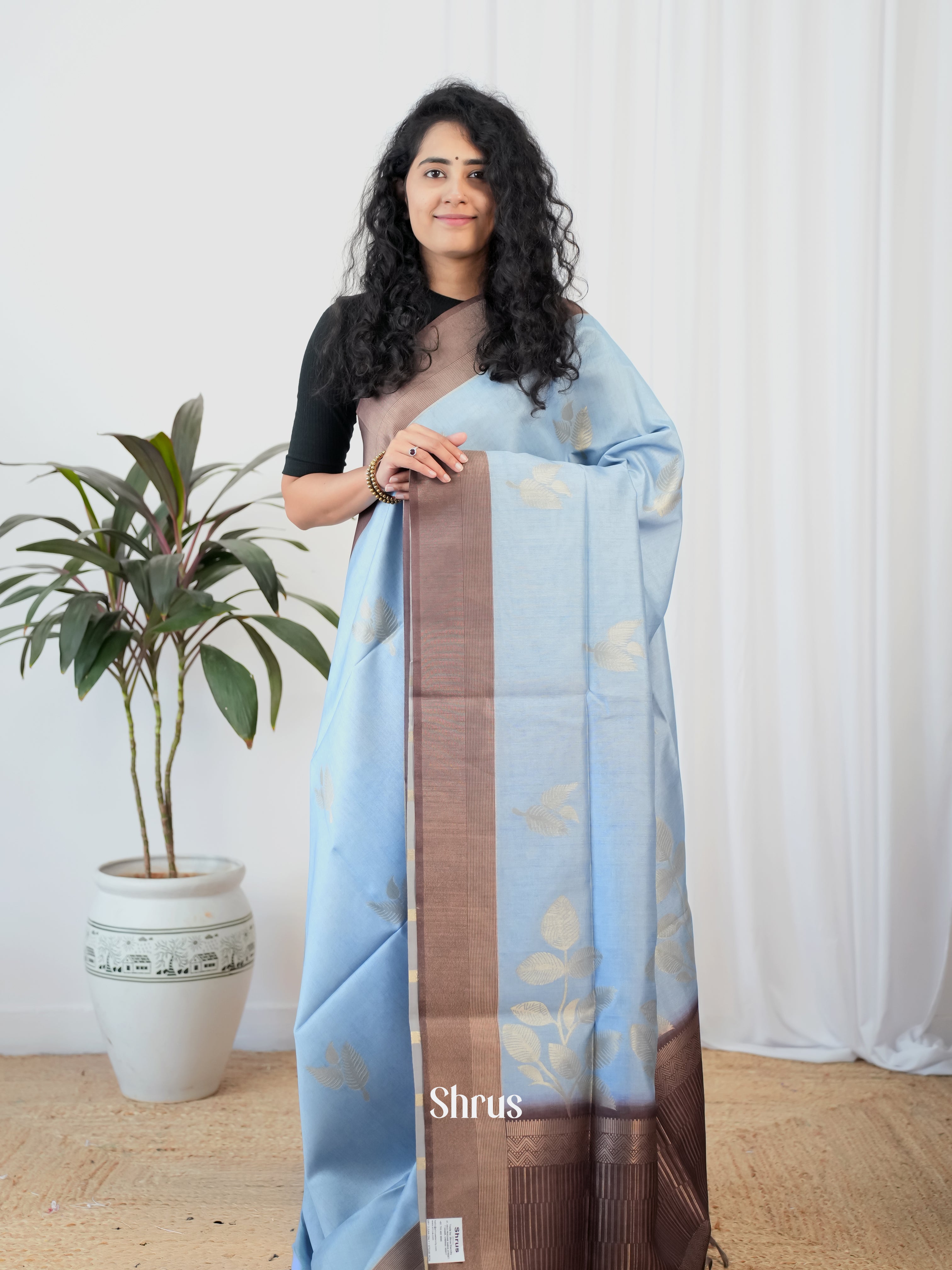 Blue & brown - Semi Tussar Saree - Shop on Shrus.com