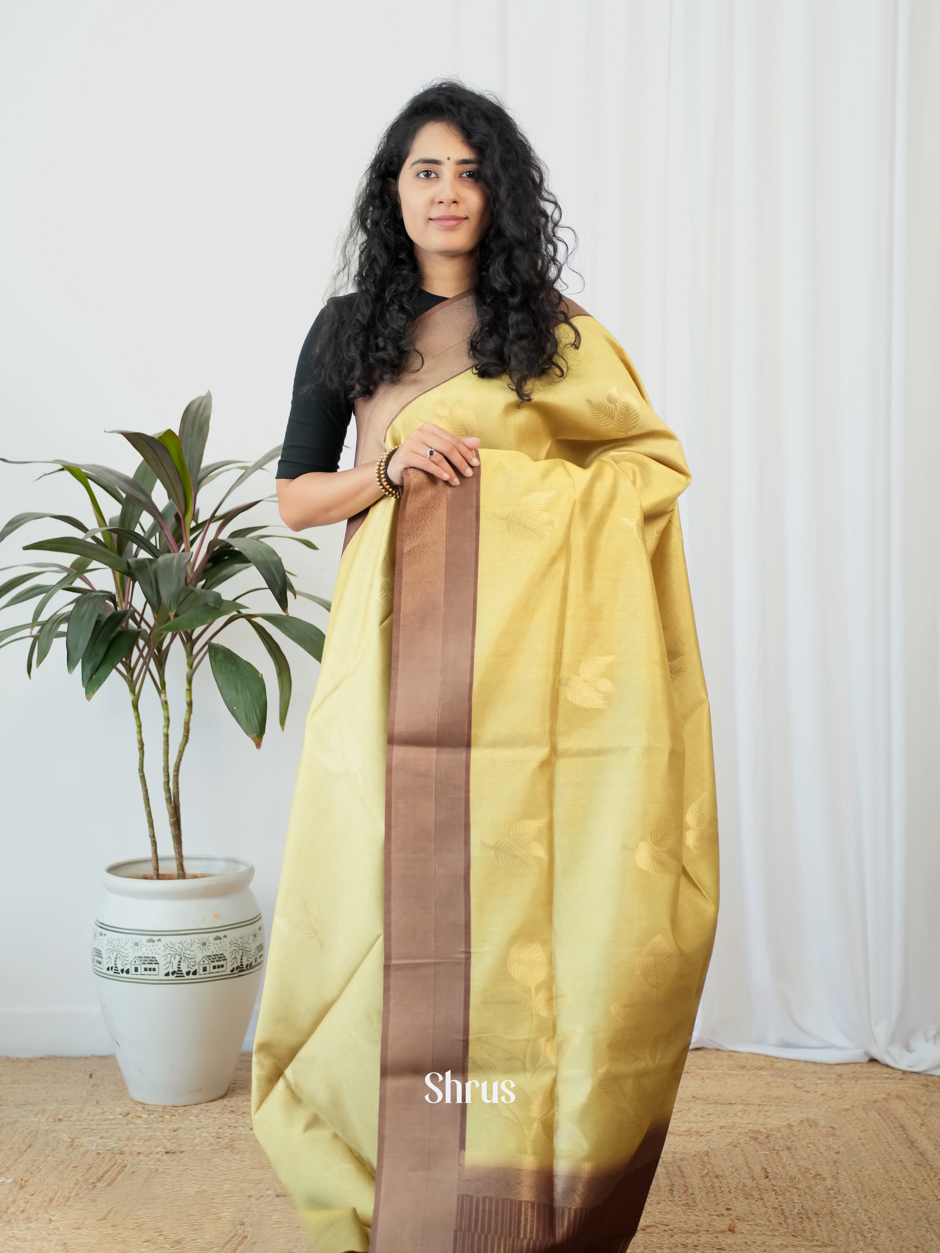 Mustardy Green & Brown- Semi Tussar Saree - Shop on Shrus.com