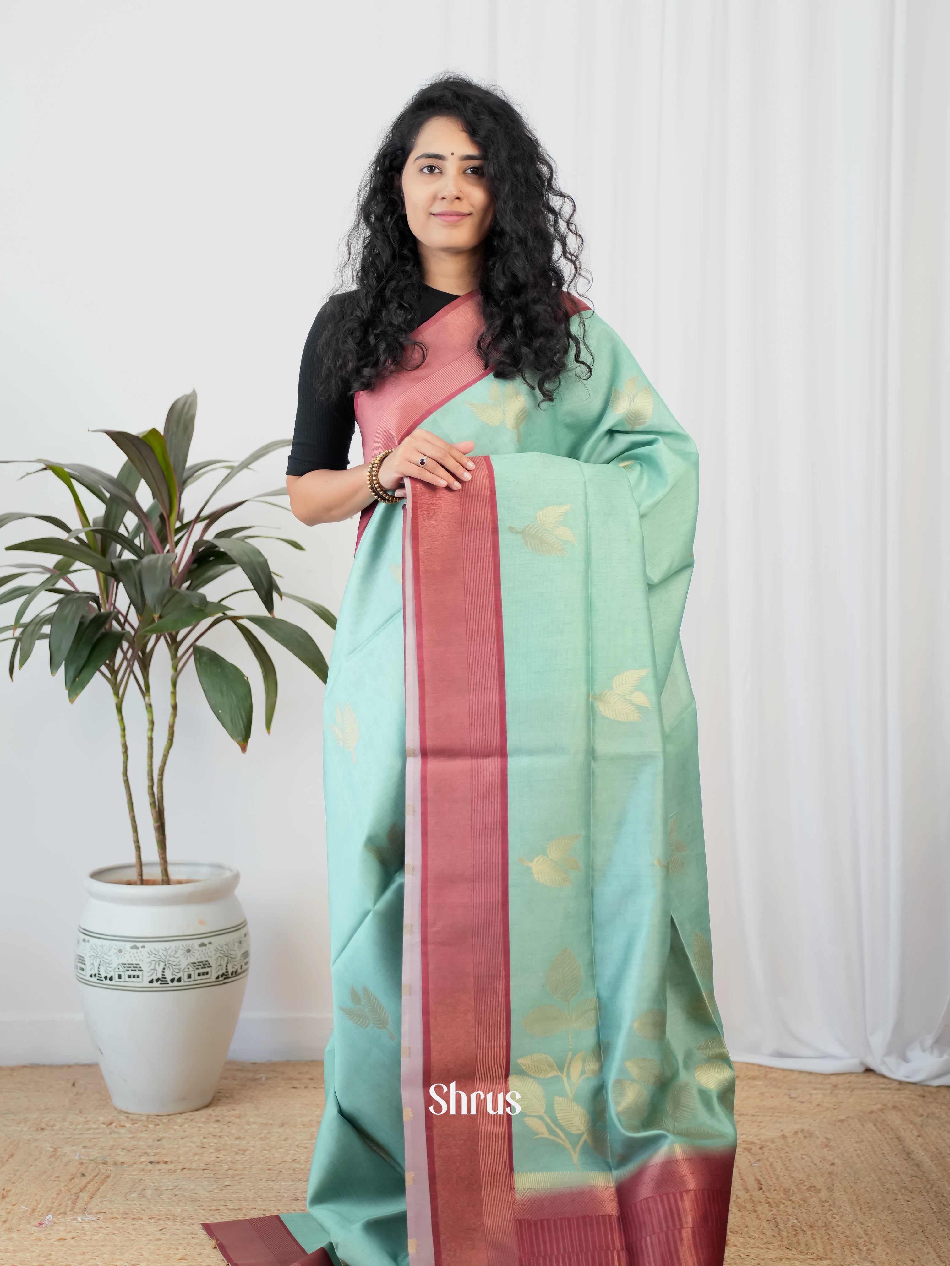 Teal & Red - Semi Tussar Saree - Shop on Shrus.com