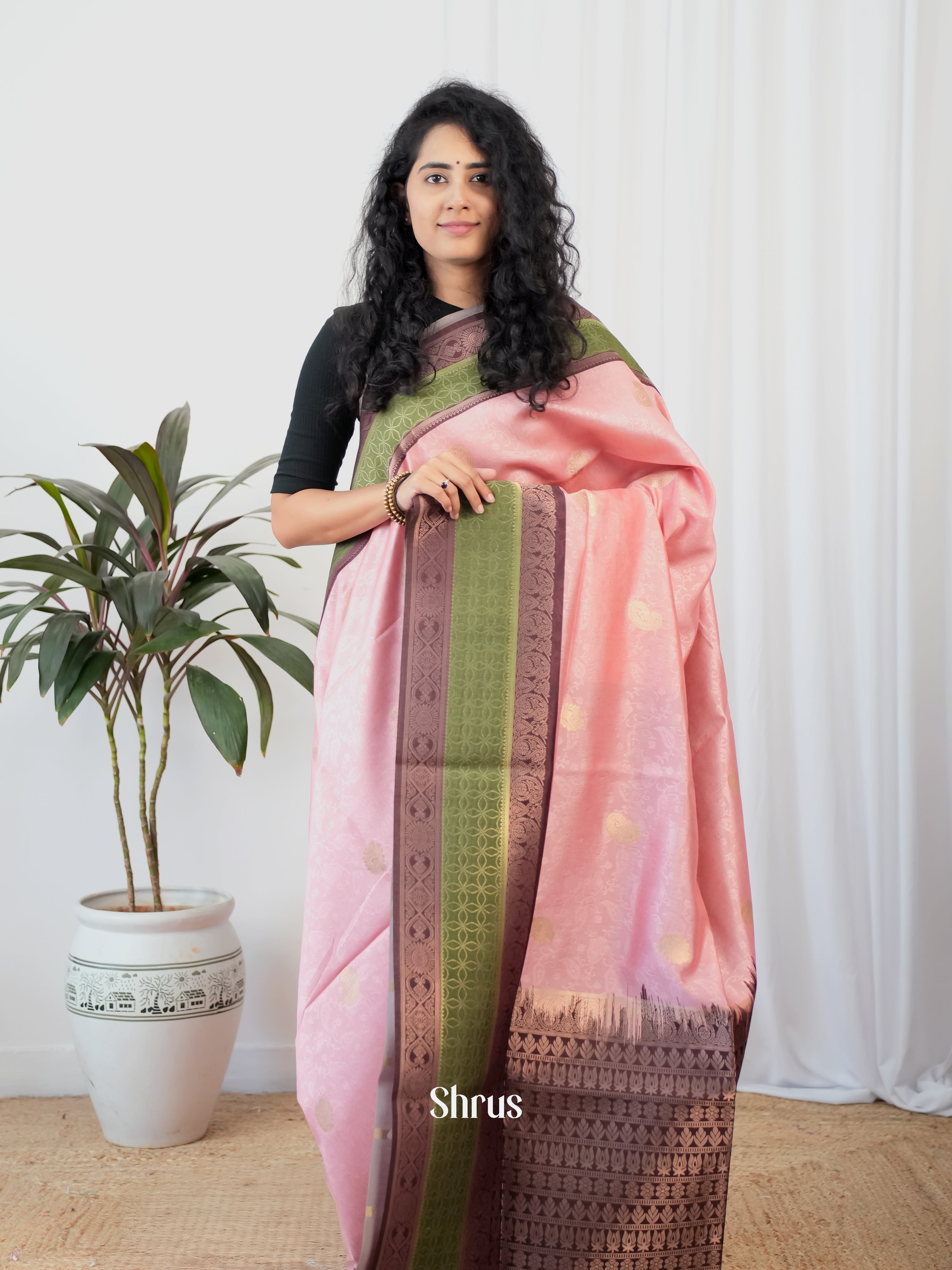 Pink & Brown - Semi Tussar Saree - Shop on Shrus.com