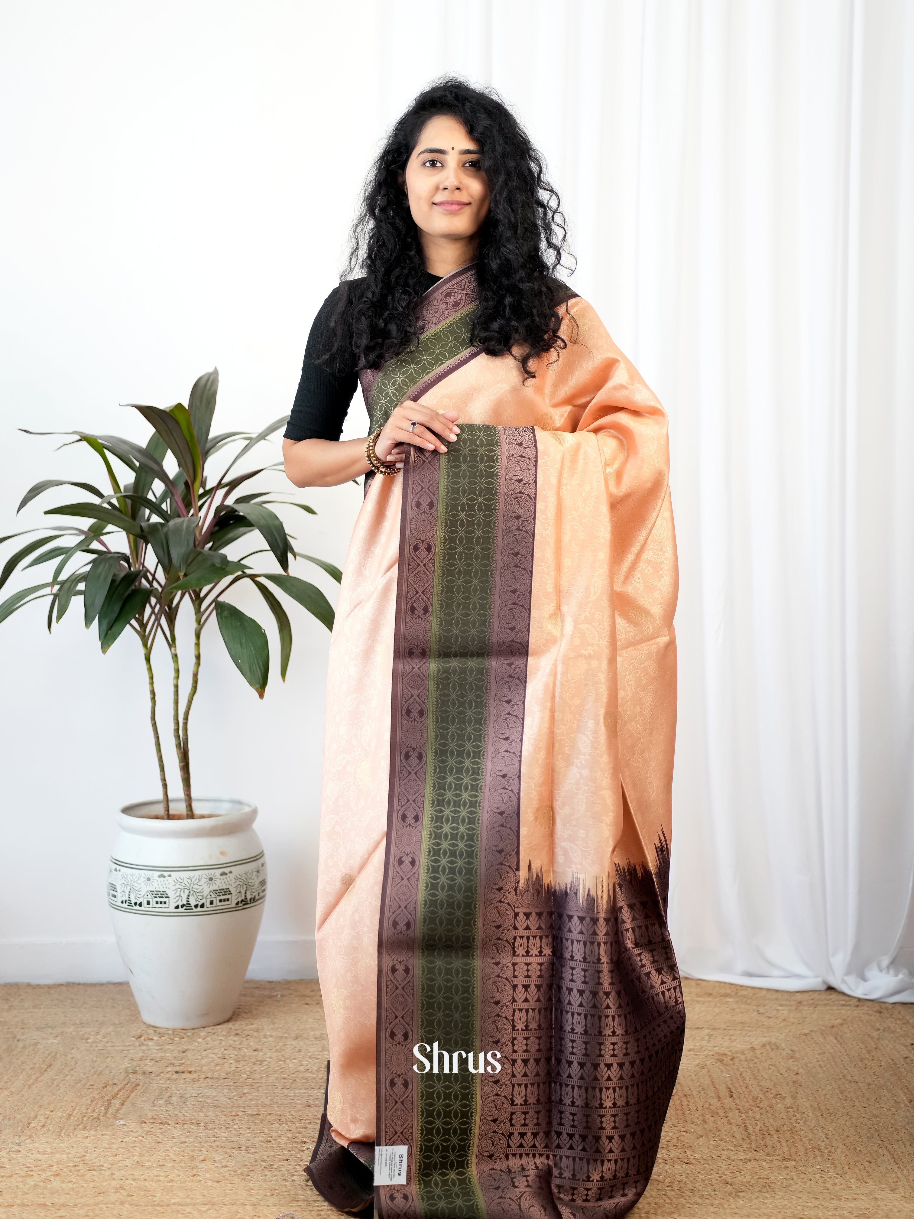 Peach & Brown- Semi Tussar Saree - Shop on Shrus.com