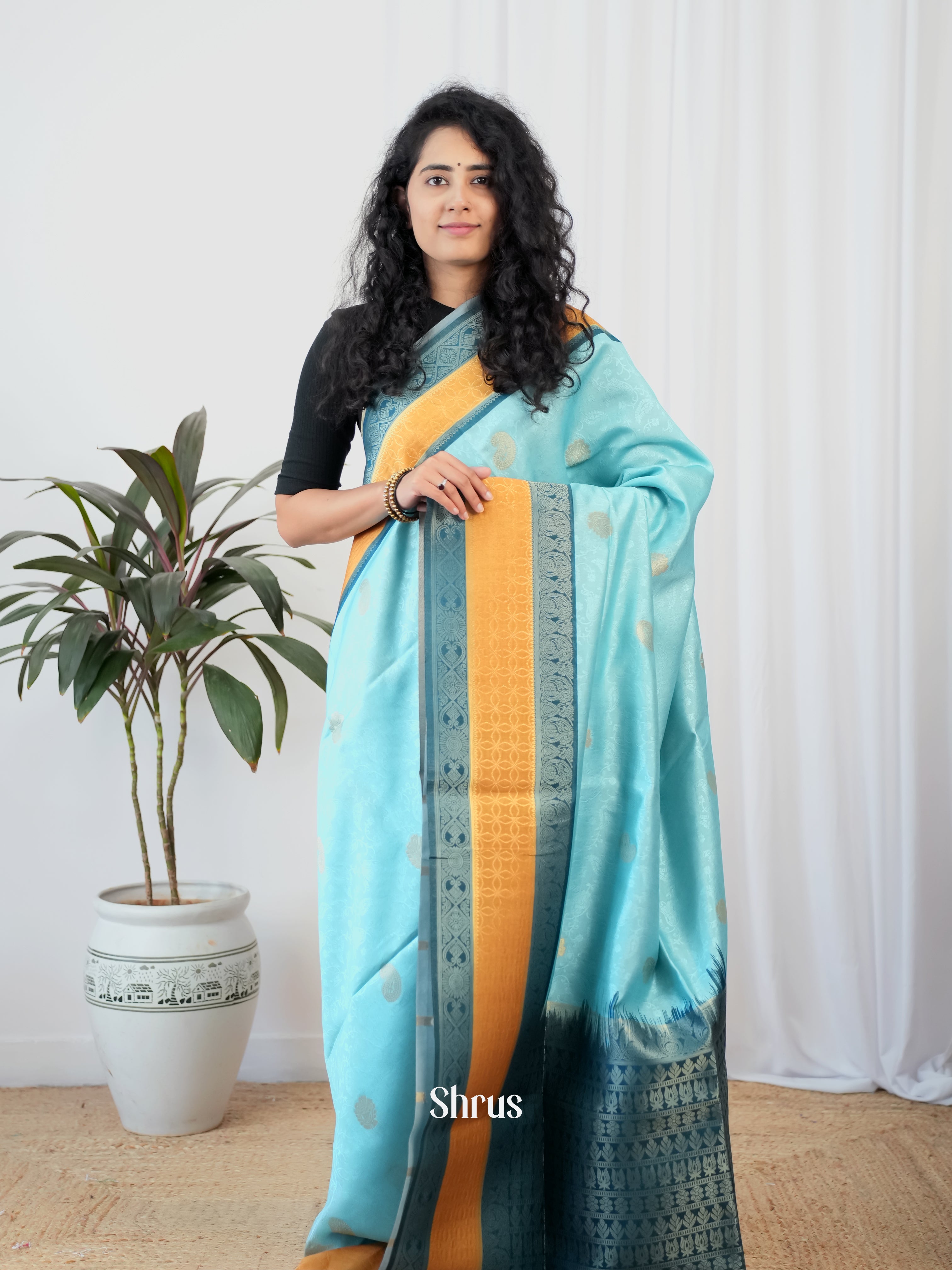 Sky Blue & Blue - Semi Tussar Saree - Shop on Shrus.com