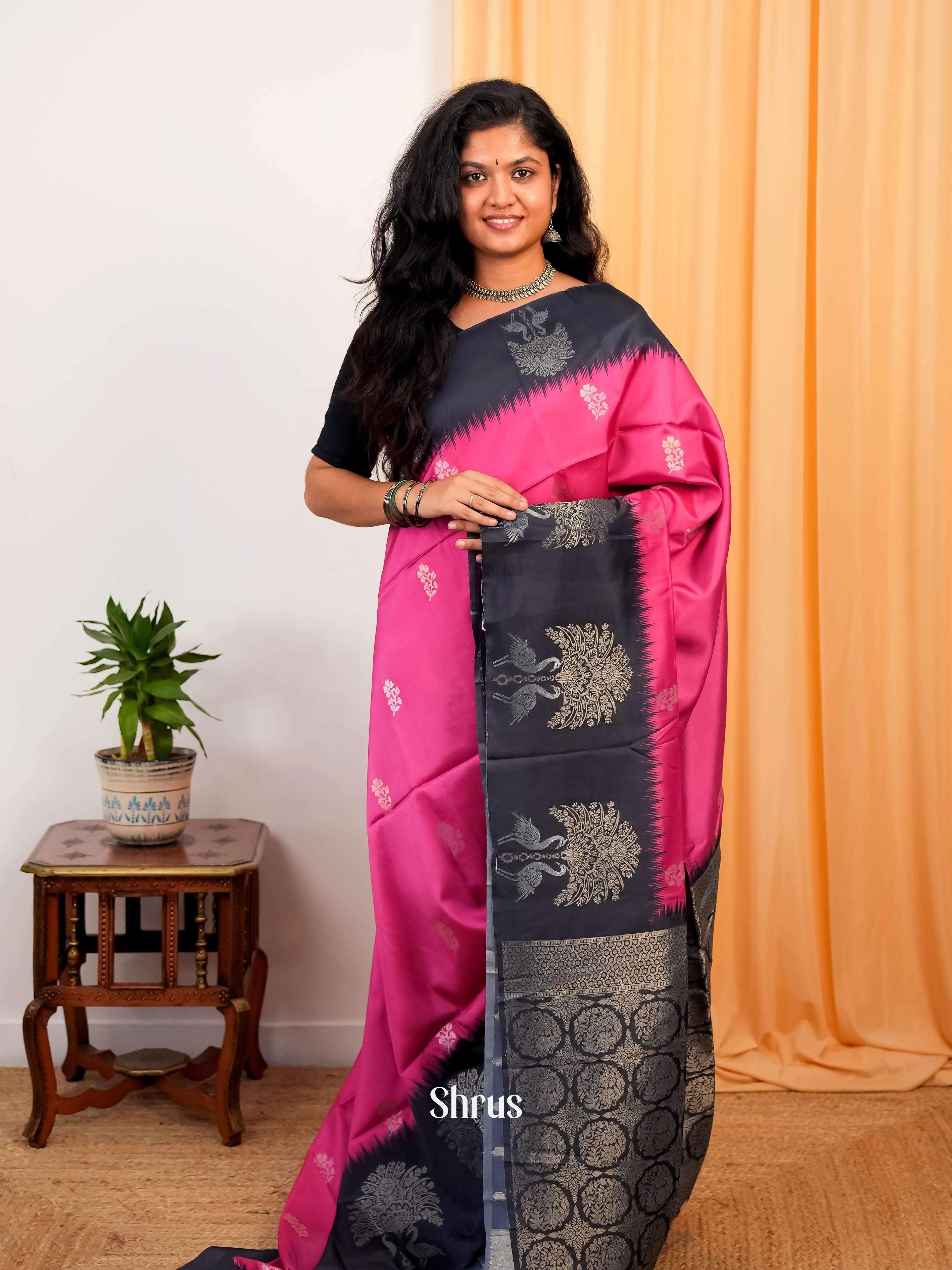 Pink & Black - Semi Softsilk Saree - Shop on Shrus.com