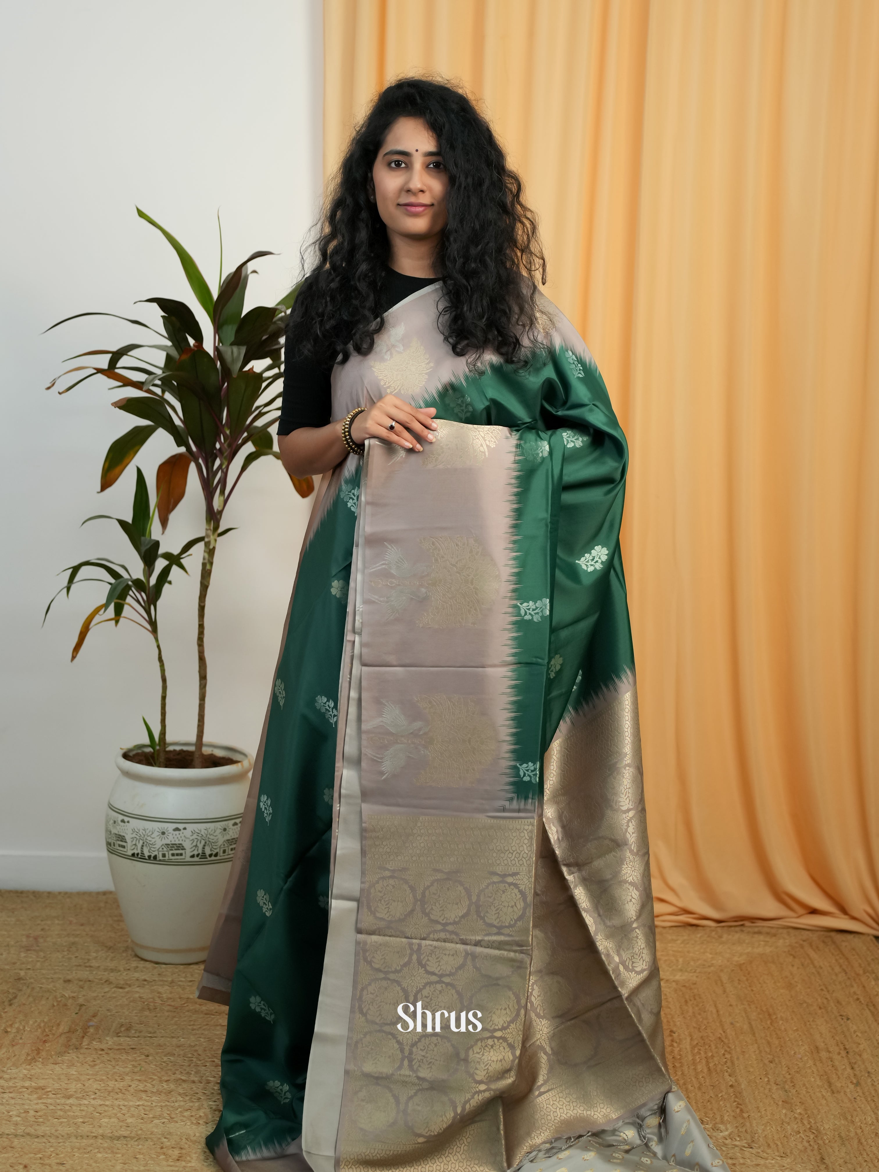 Green & Grey - Semi Softsilk Saree - Shop on Shrus.com