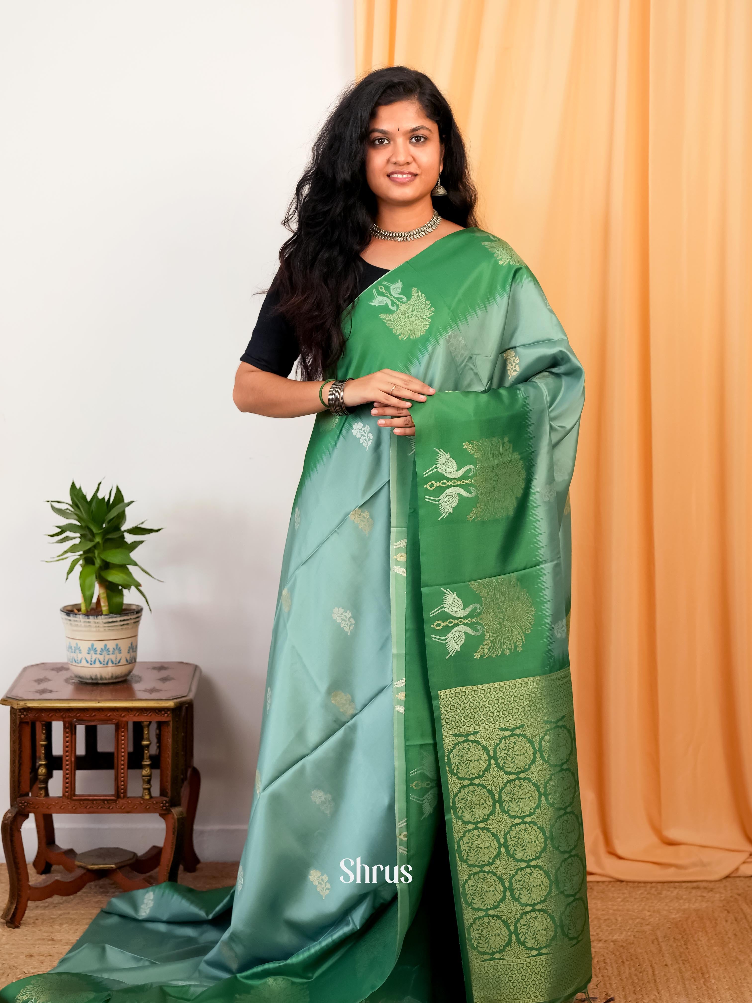 Green - Semi Softsilk Saree - Shop on Shrus.com