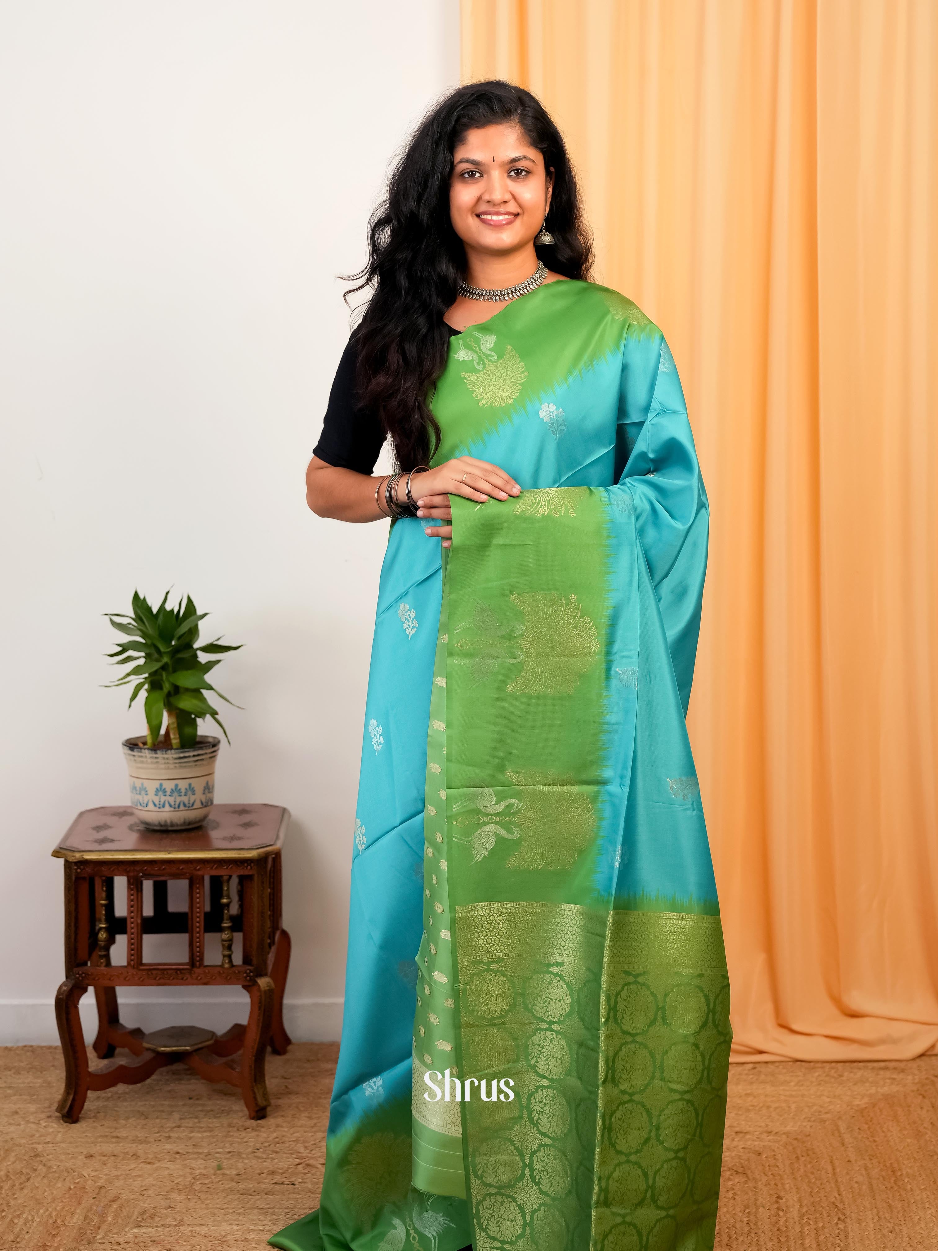 Blue & Green - Semi Softsilk Saree - Shop on Shrus.com