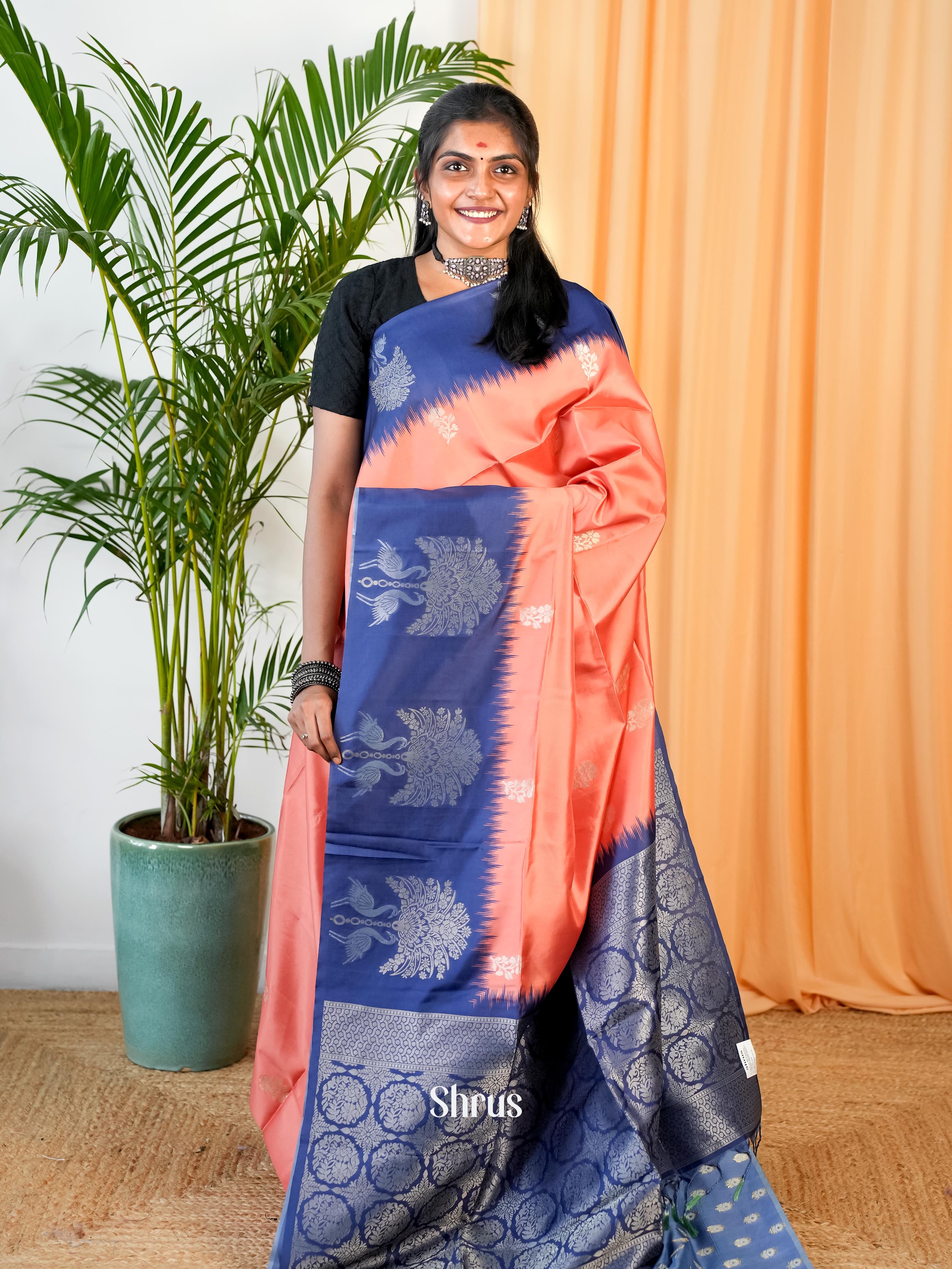 Peach & Blue- Semi Softsilk Saree - Shop on Shrus.com
