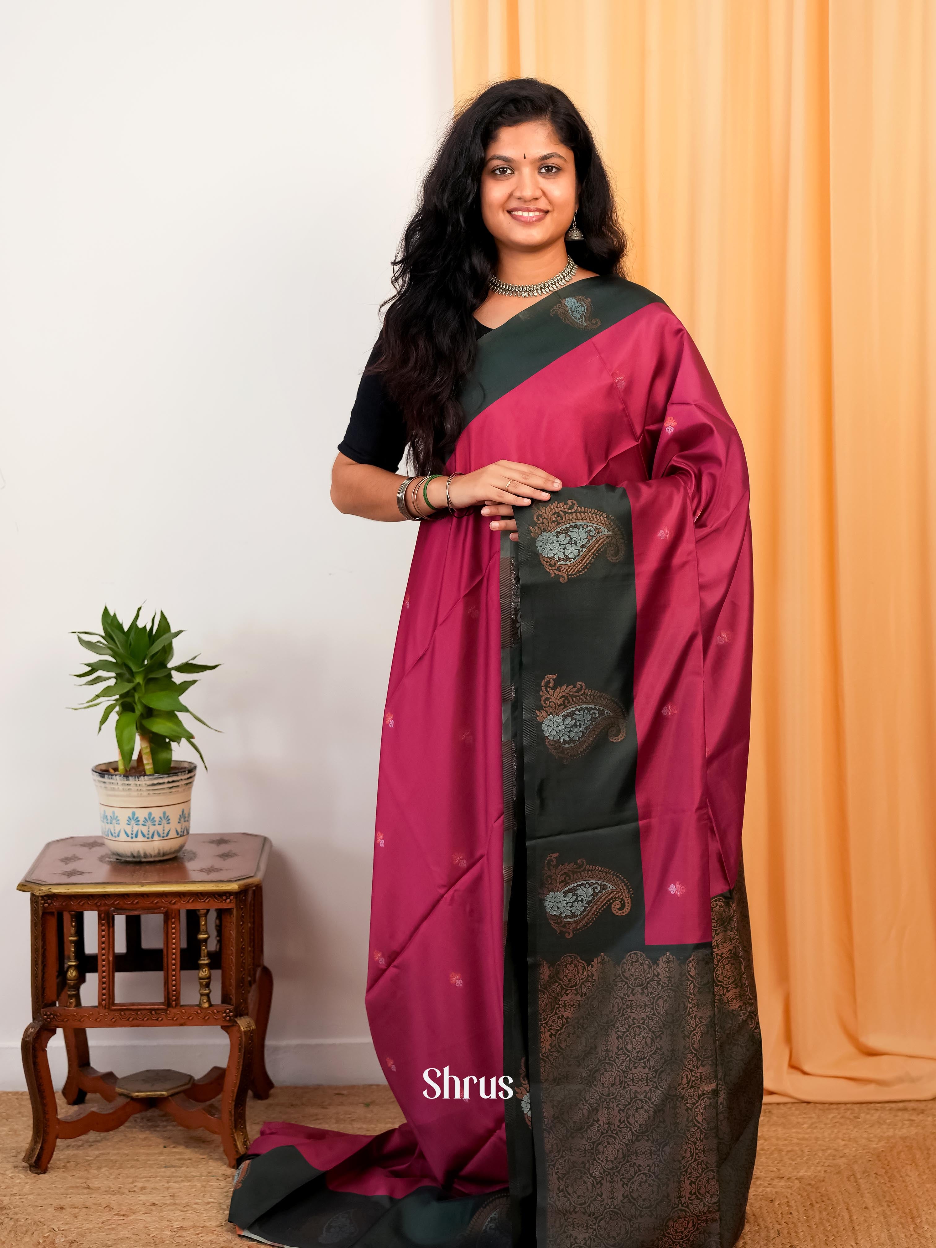 Maroon & Green - Semi Softsilk Saree - Shop on Shrus.com