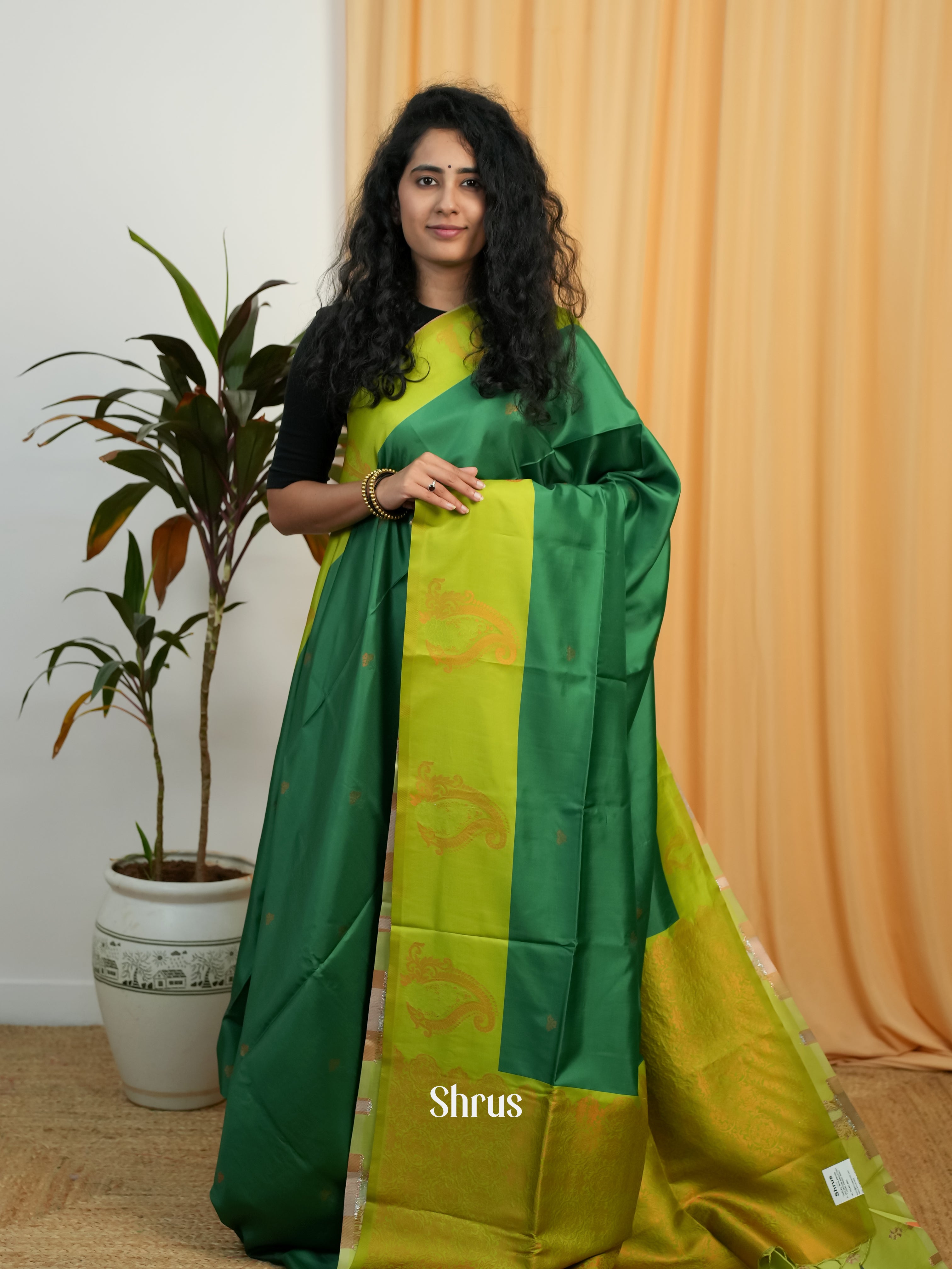 Green & Lite Green- Semi Softsilk Saree - Shop on Shrus.com