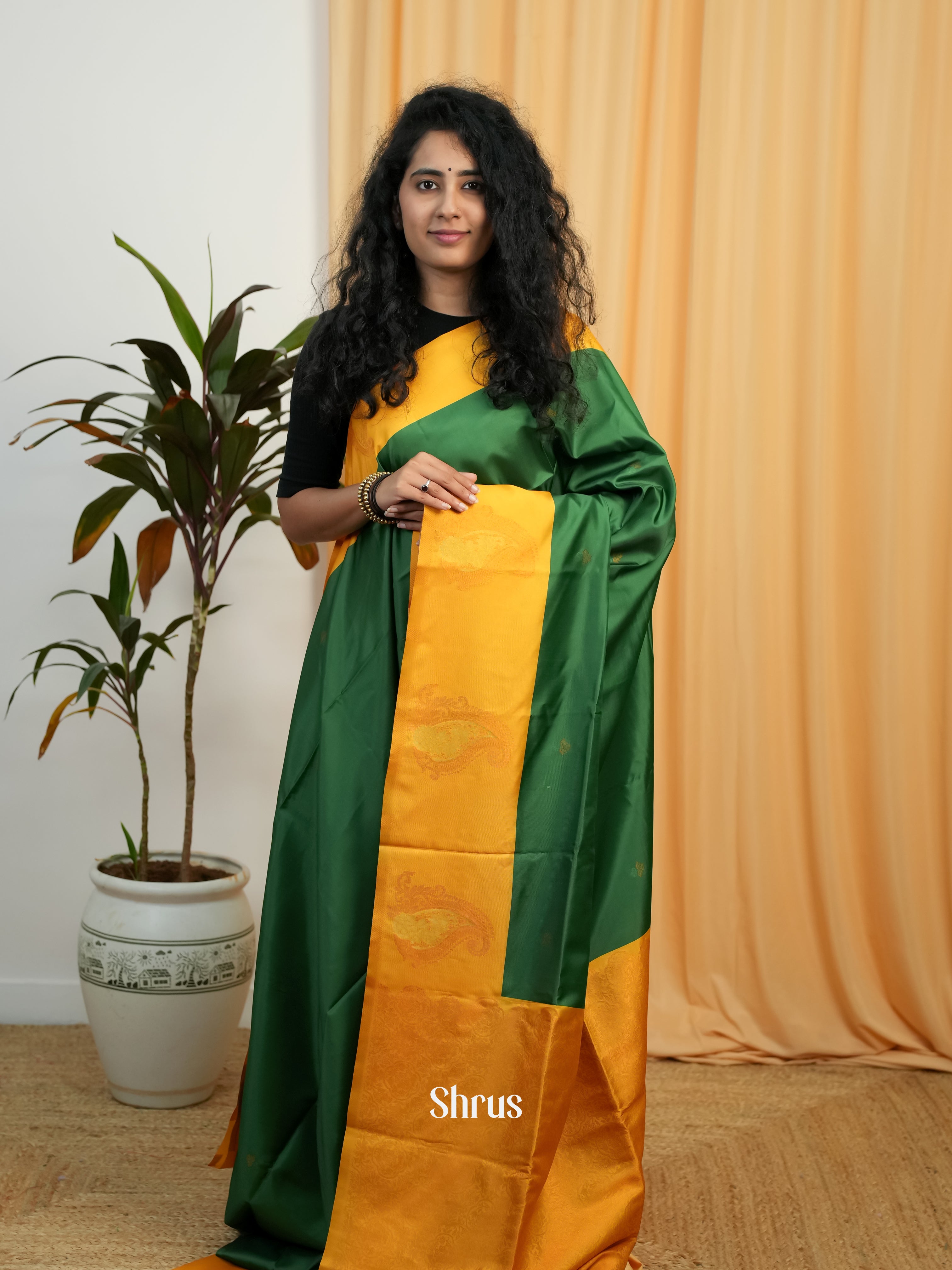Green & Yellow - Semi Softsilk Saree - Shop on Shrus.com
