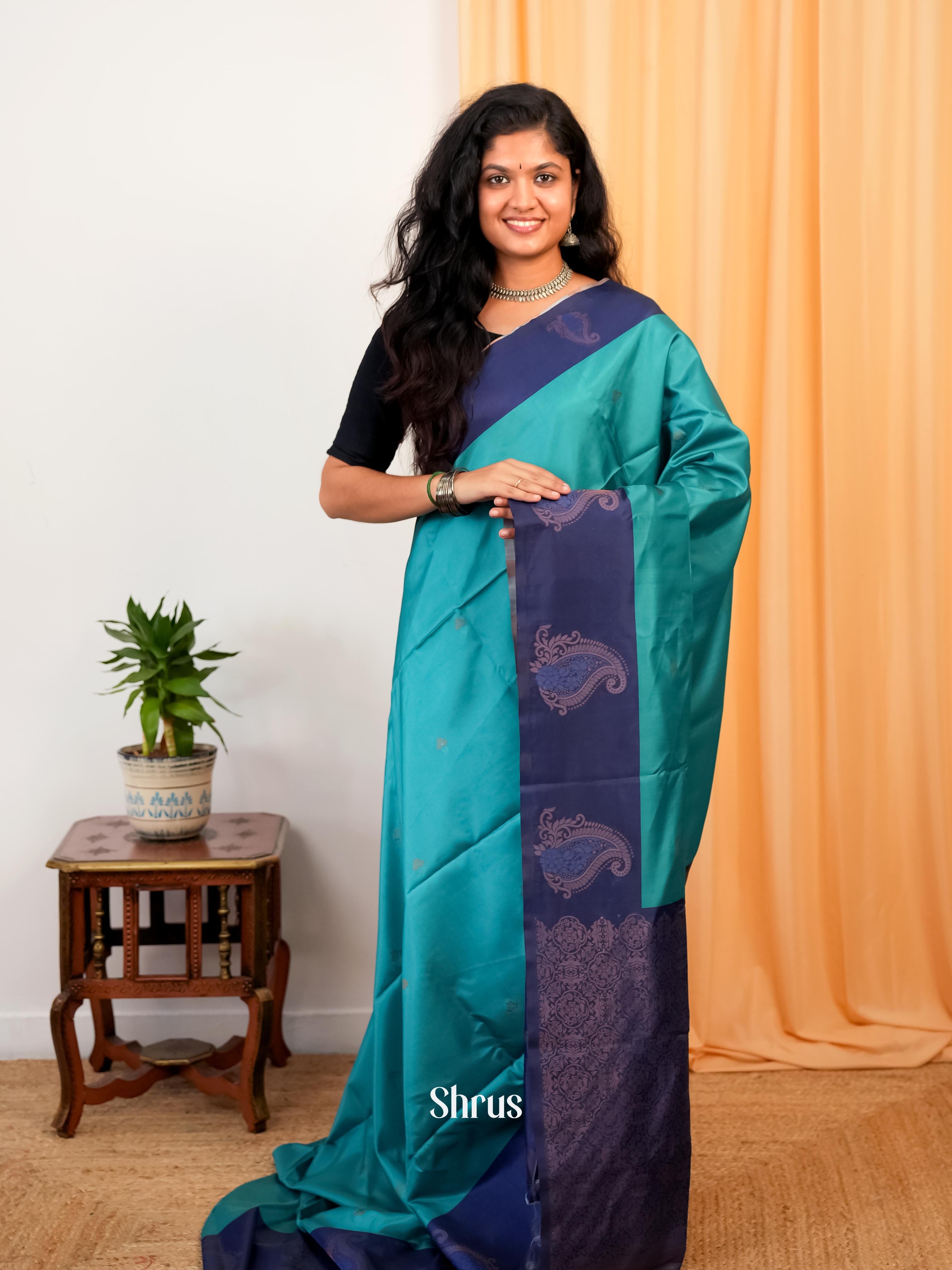 Teal & Blue- Semi Softsilk Saree - Shop on Shrus.com