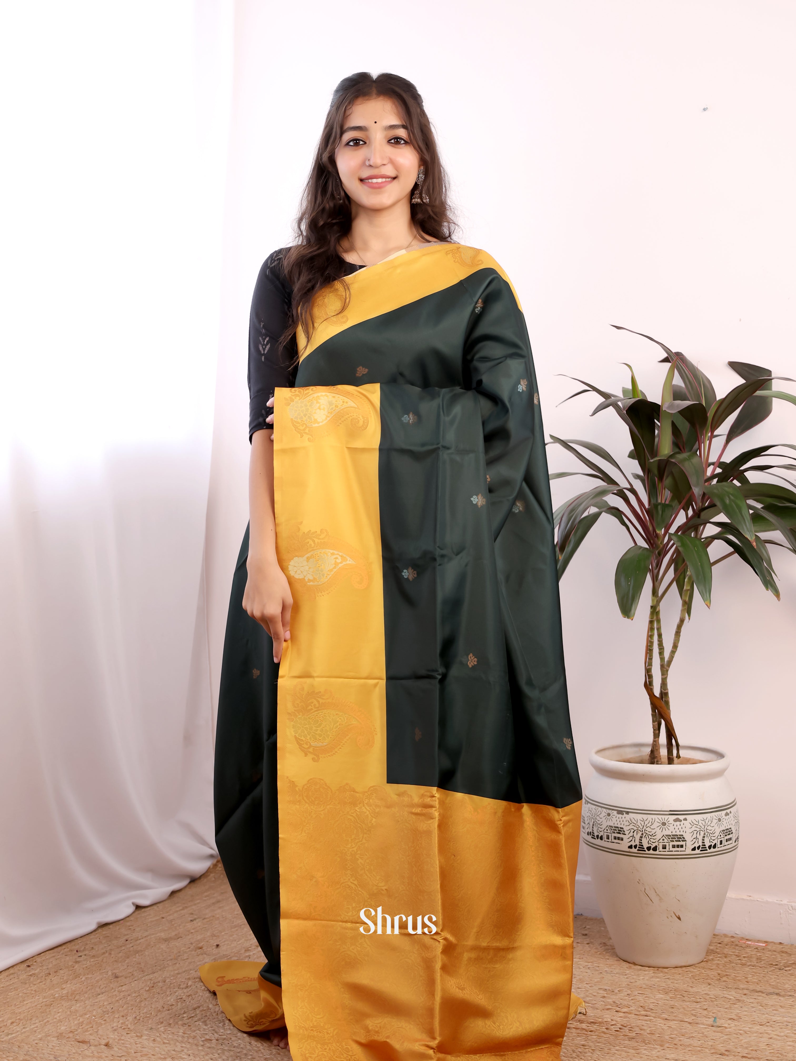 Green & Mustard - Semi Softsilk Saree - Shop on Shrus.com