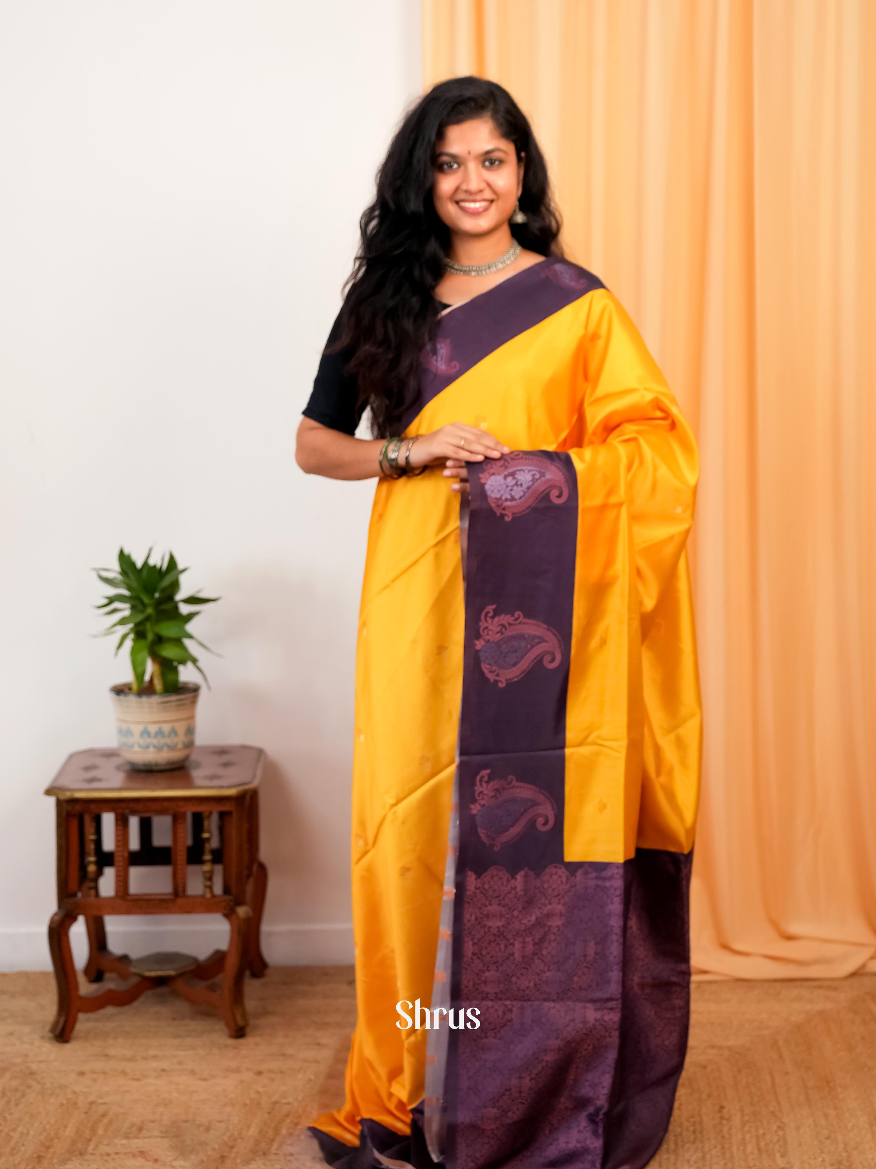 Yellow & Purple - Semi Softsilk Saree - Shop on Shrus.com