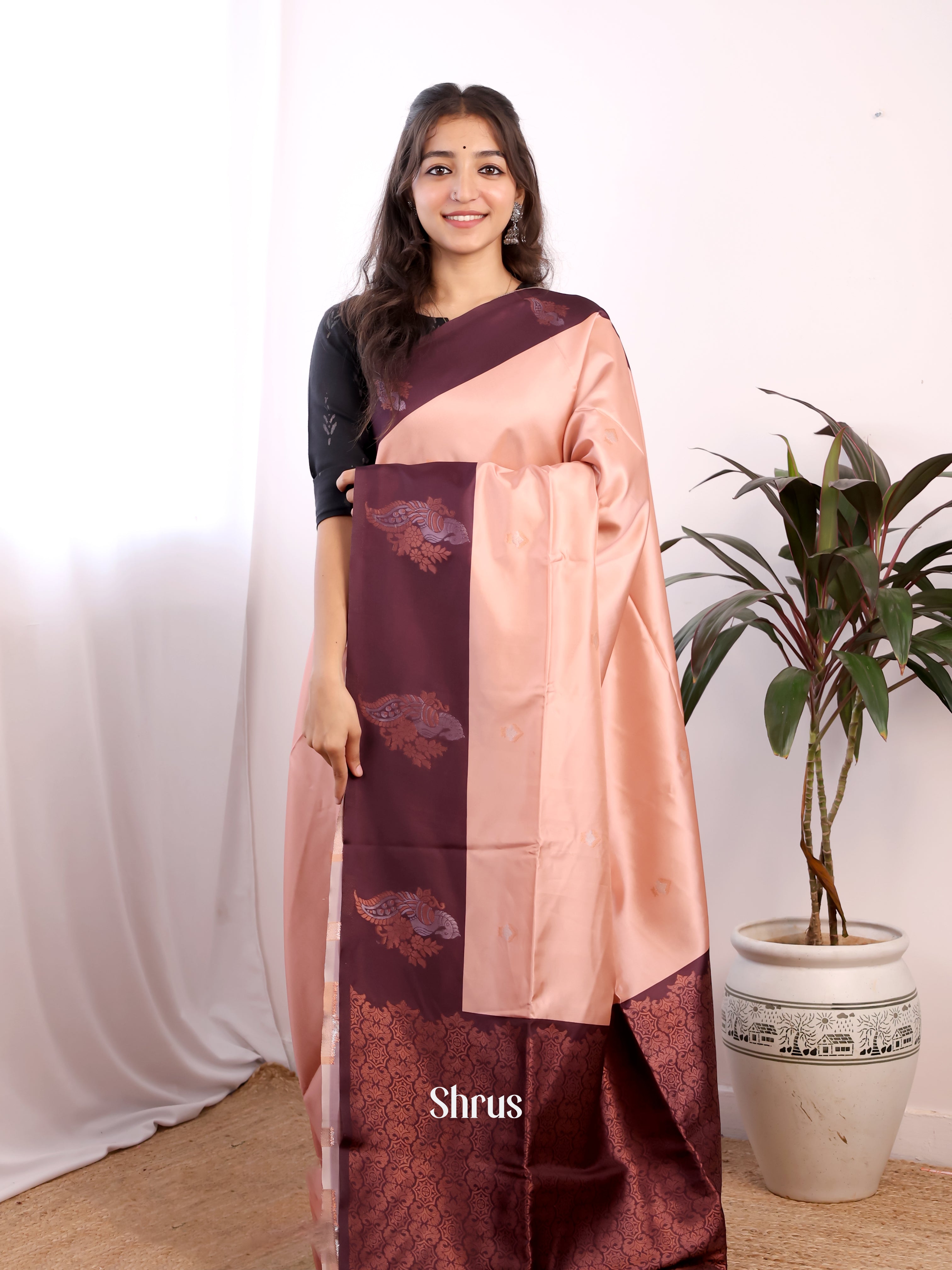 Pastel Pink & Maroon - Semi Softsilk Saree - Shop on Shrus.com