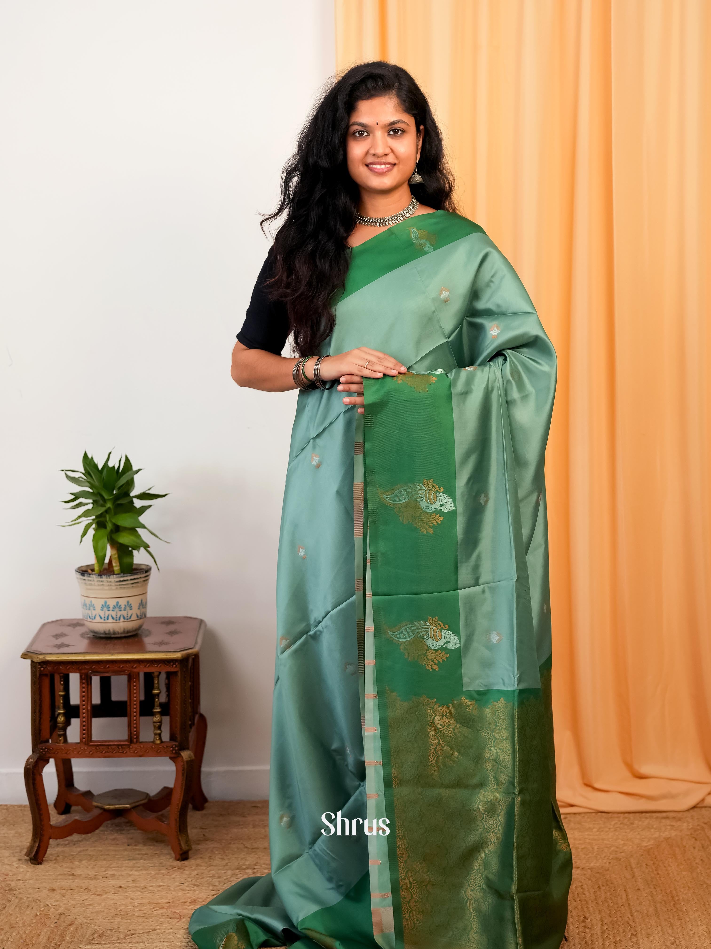 Pastel Green & Green - Semi Softsilk Saree - Shop on Shrus.com