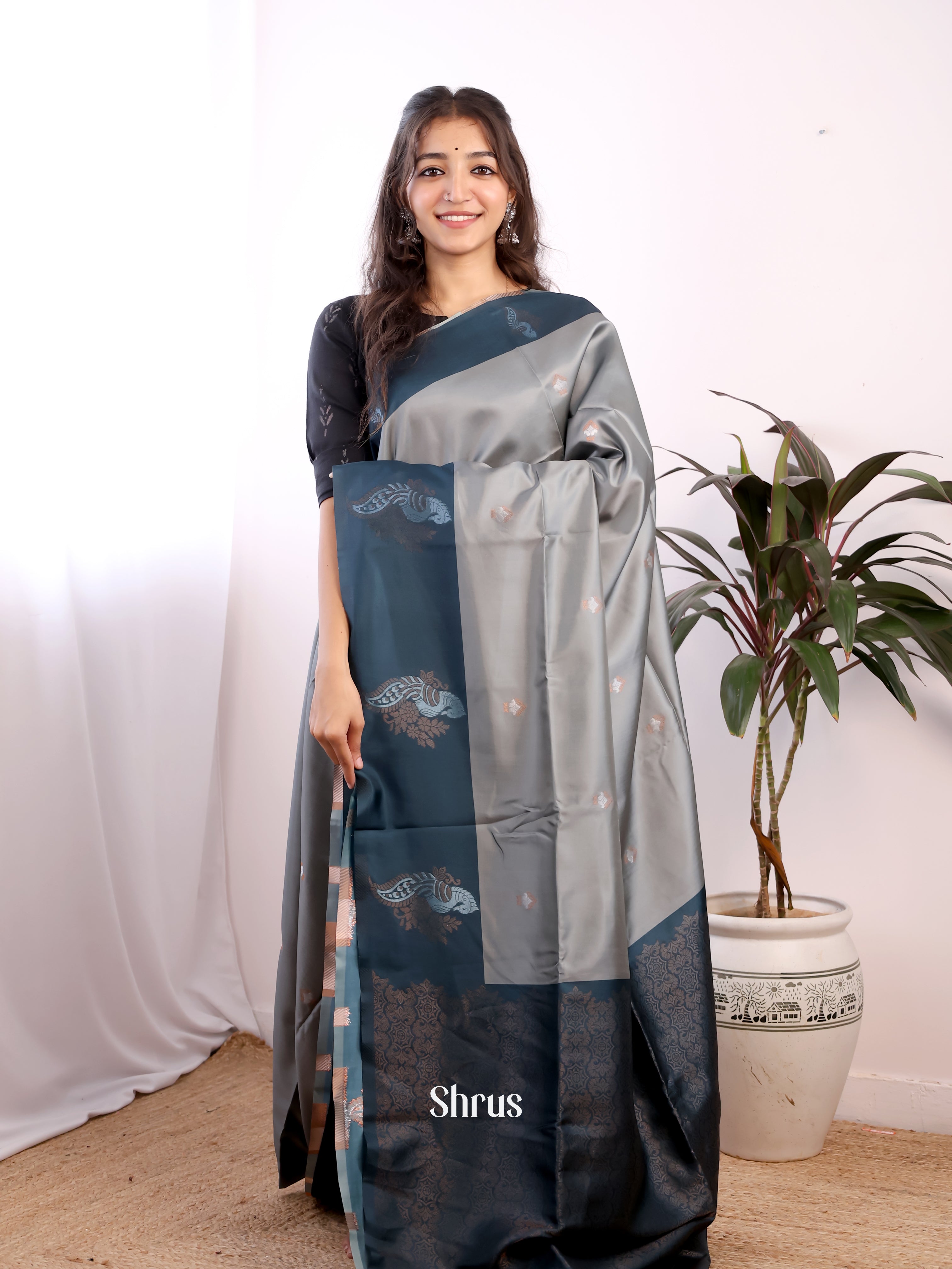 Grey & Blue - Semi Softsilk Saree - Shop on Shrus.com